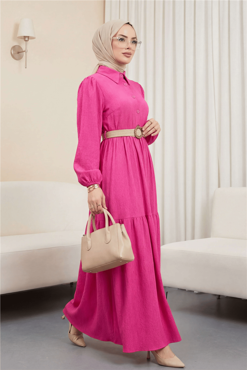 فستان مجعد بحزام نصف أزرار - فوشيا-Elbise-347-8037-R14