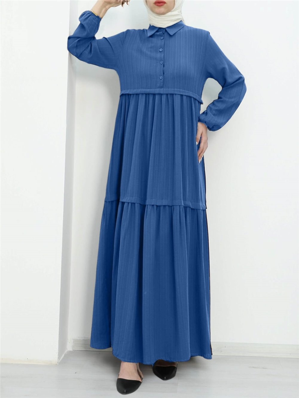 فستان نصف أزرار وأكمام مطاطية - أزرق-Elbise-349-5060E-R31