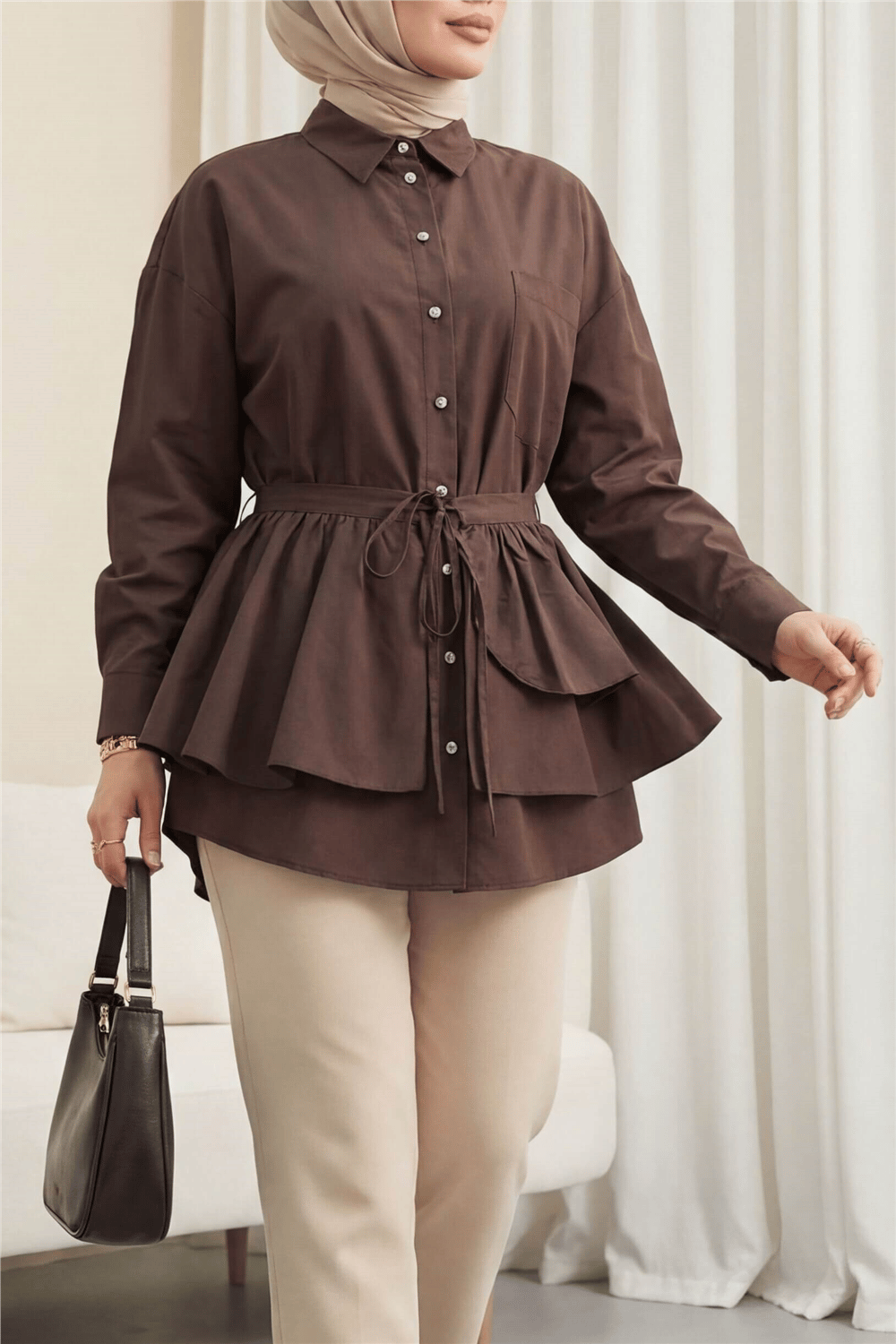 Pelerin Detaylı Düğmeli Oval Kesim Poplin Tunik -K. Kahve-Tunik-307-0123-R54