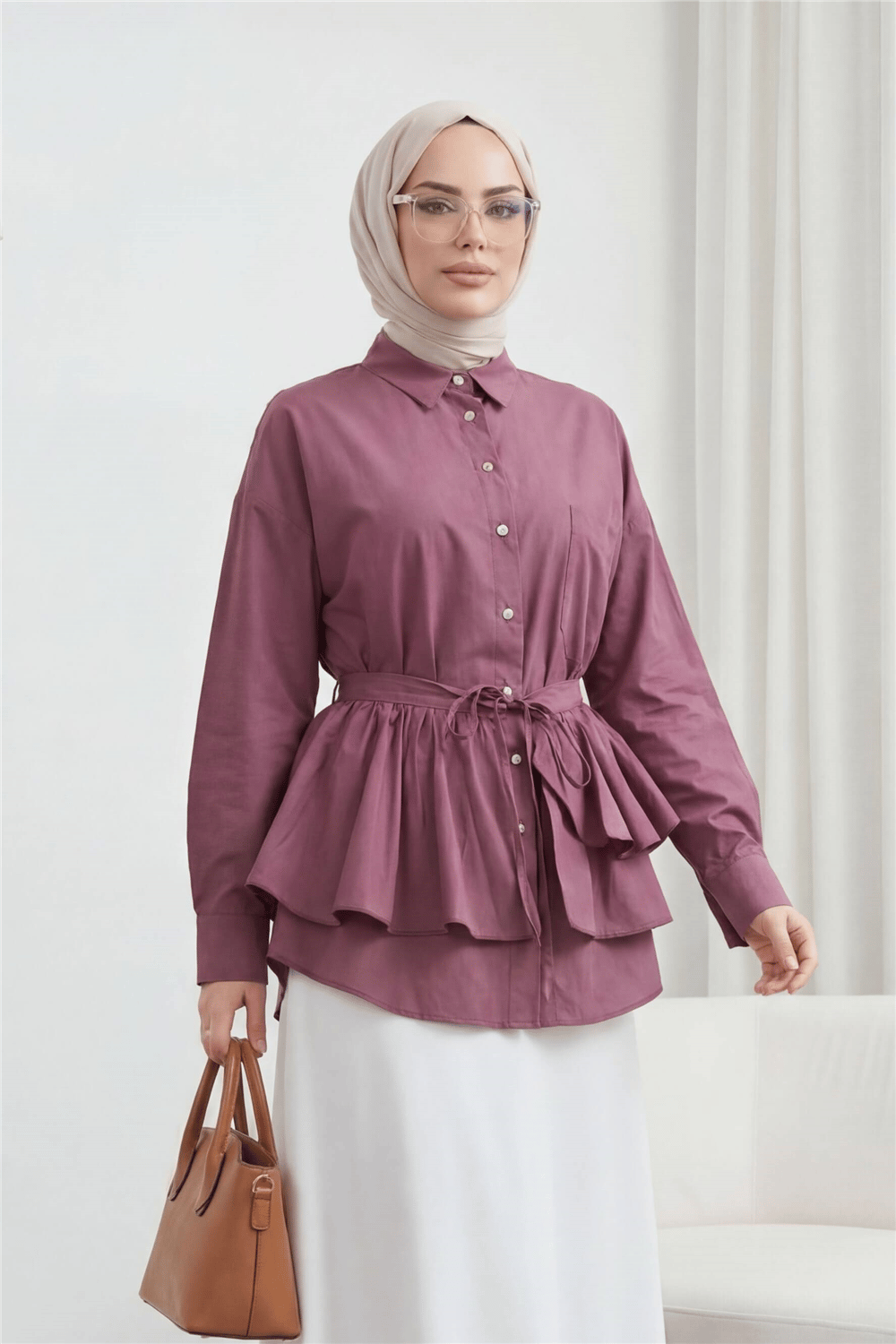 Pelerin Detaylı Düğmeli Oval Kesim Poplin Tunik -Vişne-Tunik-307-0123-R44