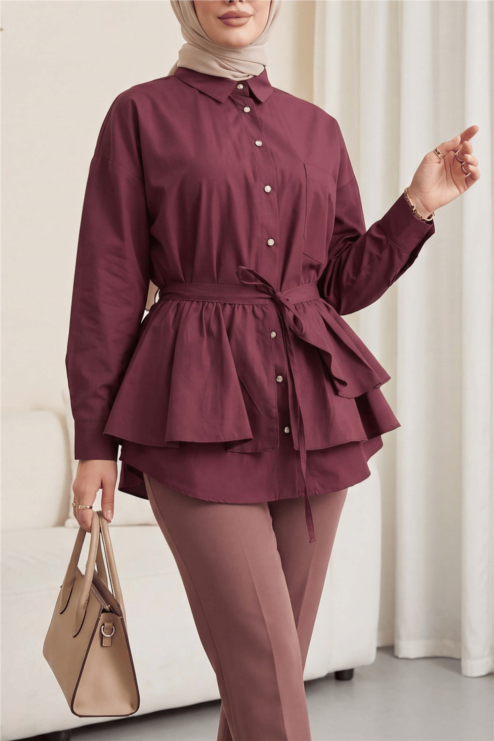 Pelerin Detaylı Düğmeli Oval Kesim Poplin Tunik -Mürdüm-Tunik-307-0123-R09