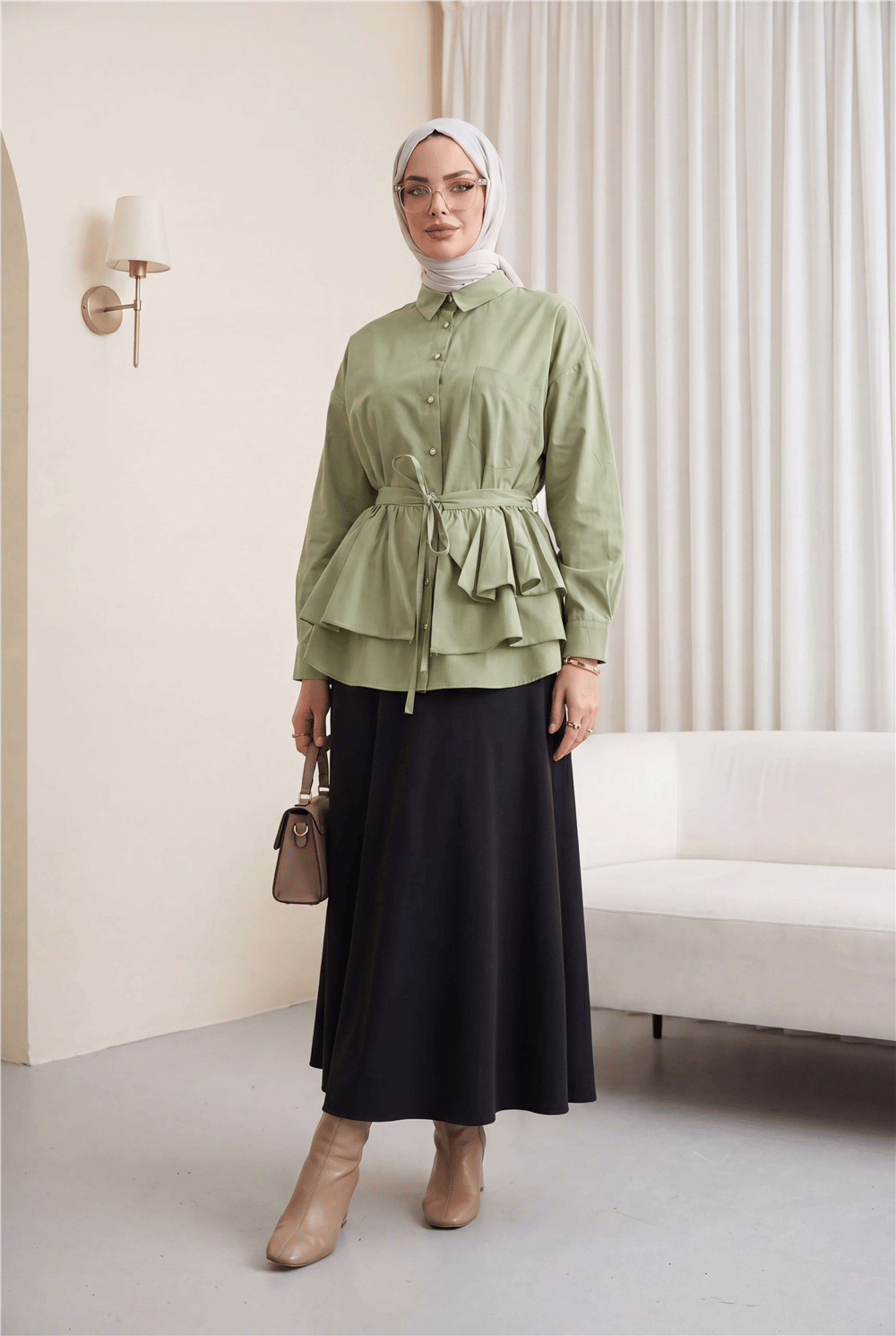 Pelerin Detaylı Düğmeli Oval Kesim Poplin Tunik -Çağla Y.-Tunik-307-0123-R70