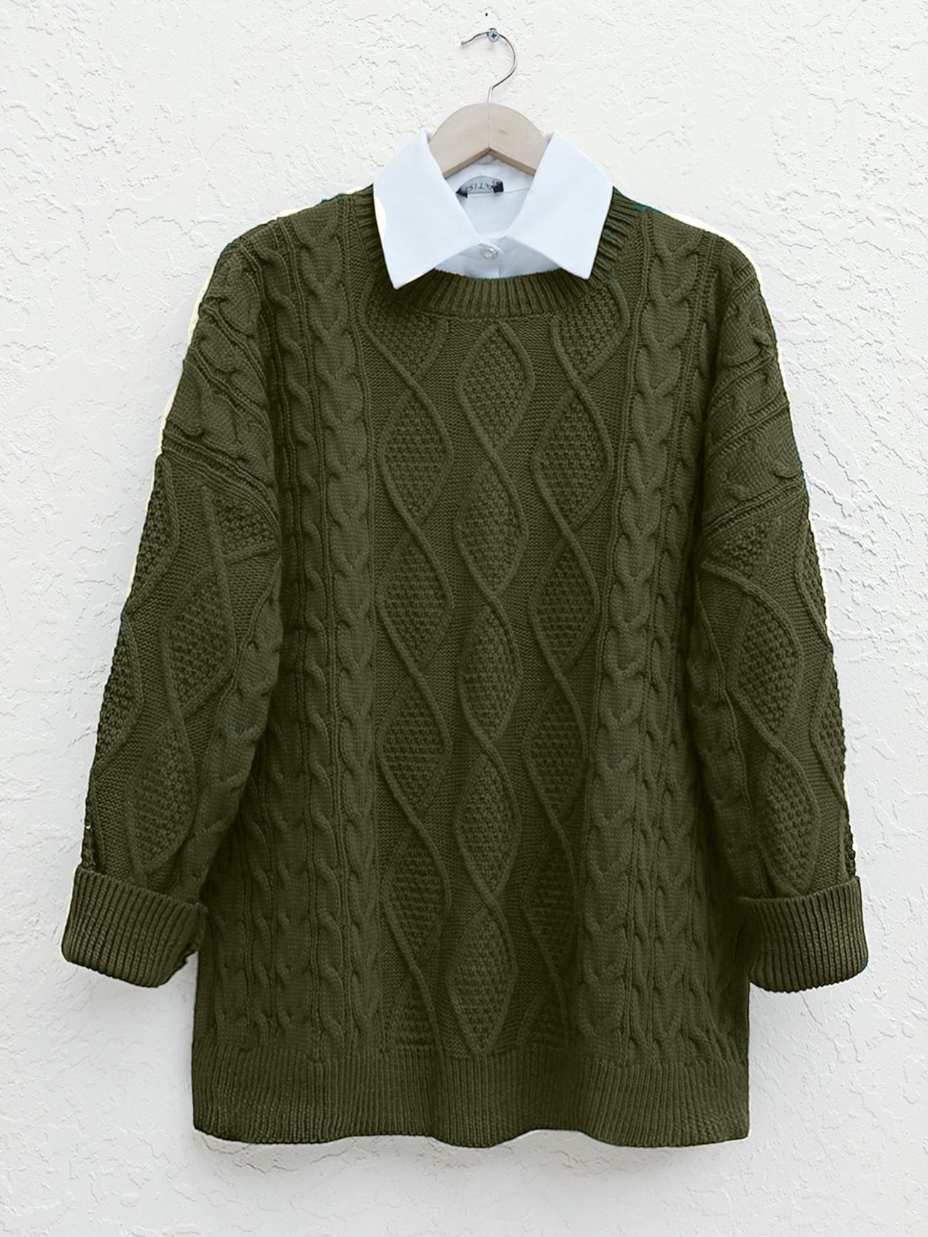 Petek Desen Kışlık Salaş Triko Kazak      -Haki