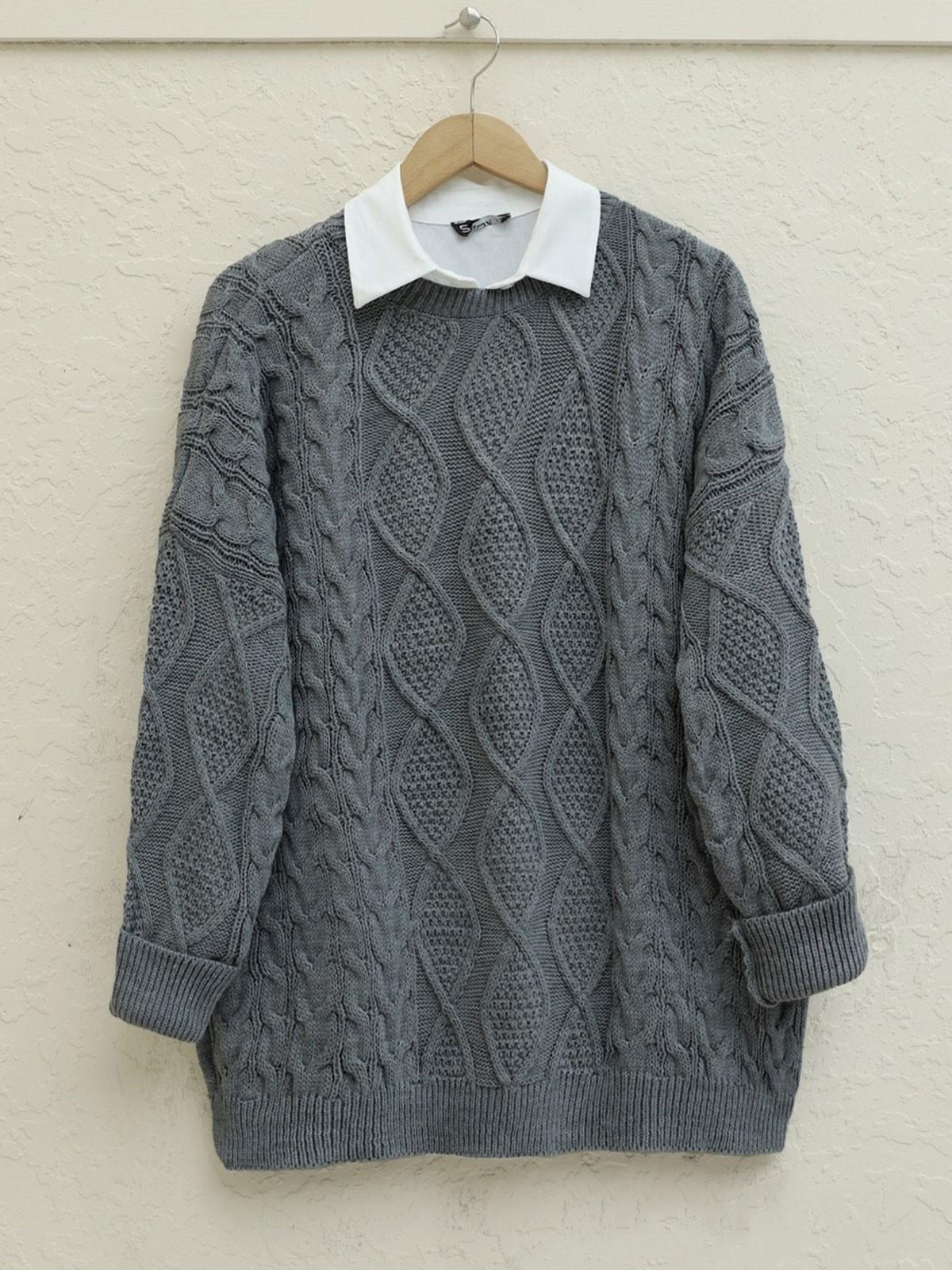 Petek Desen Kışlık Salaş Triko Kazak       -Füme