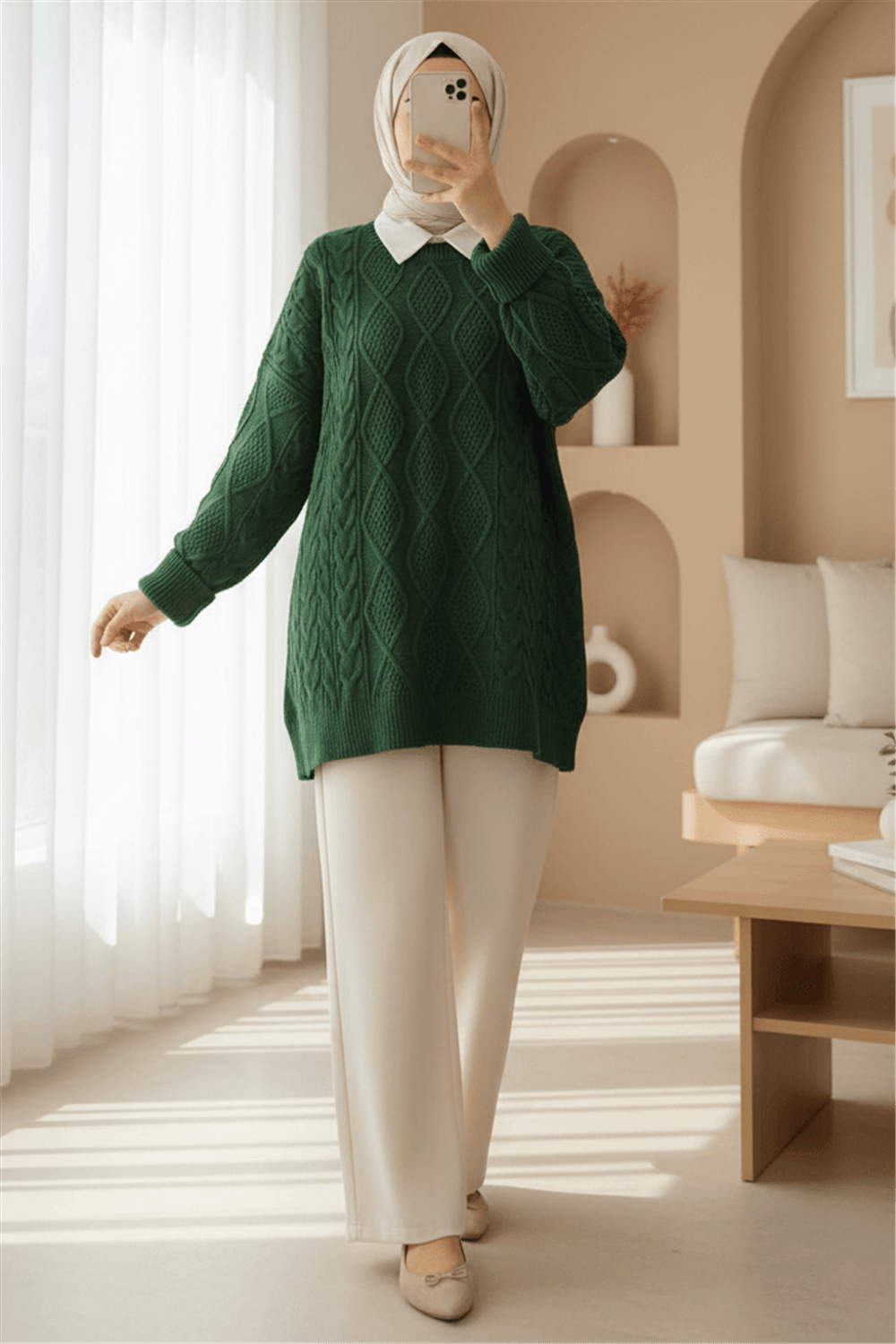 Petek Desen Kışlık Salaş Triko Kazak           -Koyu Yeşil-Kazak-109-0228-R79