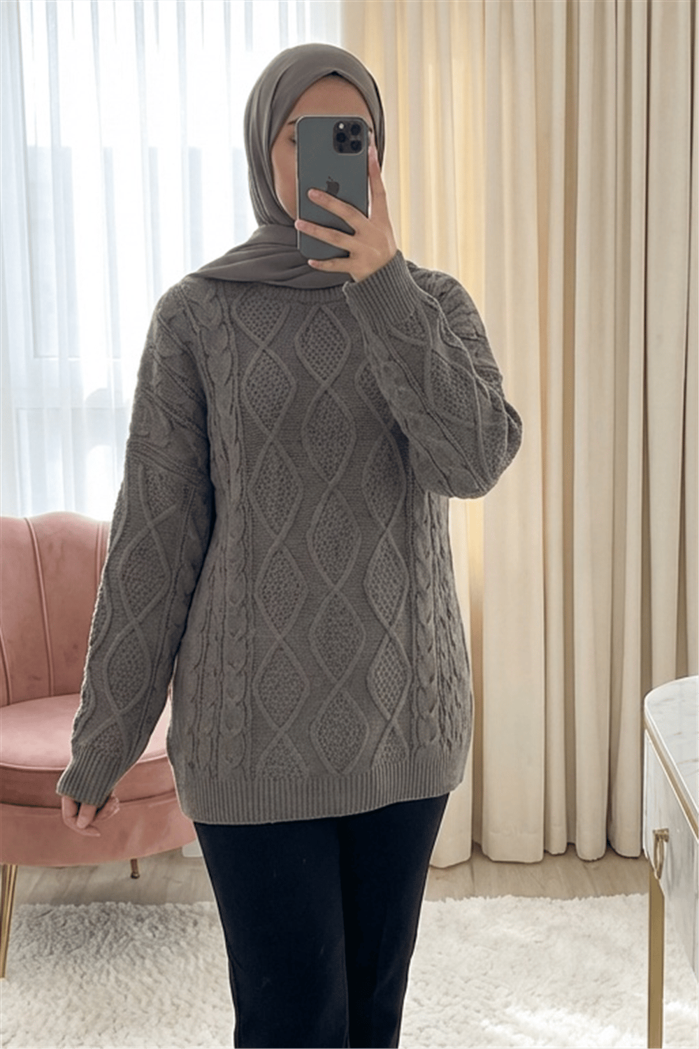 Petek Desen Kışlık Salaş Triko Kazak             -Toprak-Kazak-109-0228-R55
