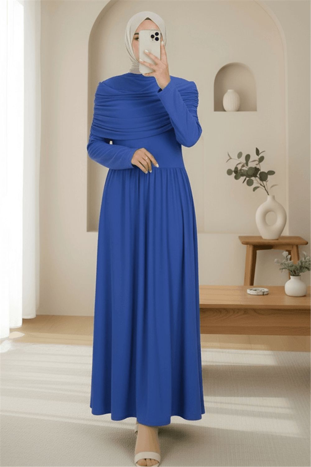 Pile Detaylı Uzun Sandy Elbise -Saks-Elbise-111-61562-R10