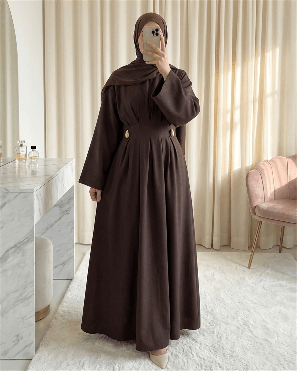 Pileli Beli Kemerli Toka Detaylı Modal Elbise -Kahve-Elbise-111-61613-R15