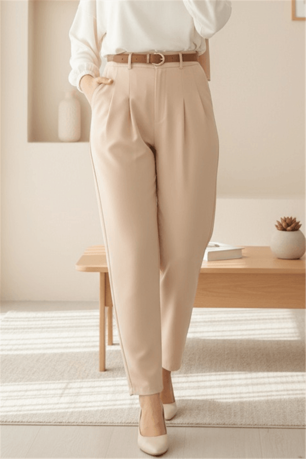 Pileli Cepli Kemerli Bilek Pantolon -Bej-Pantolon-400-3043-R56