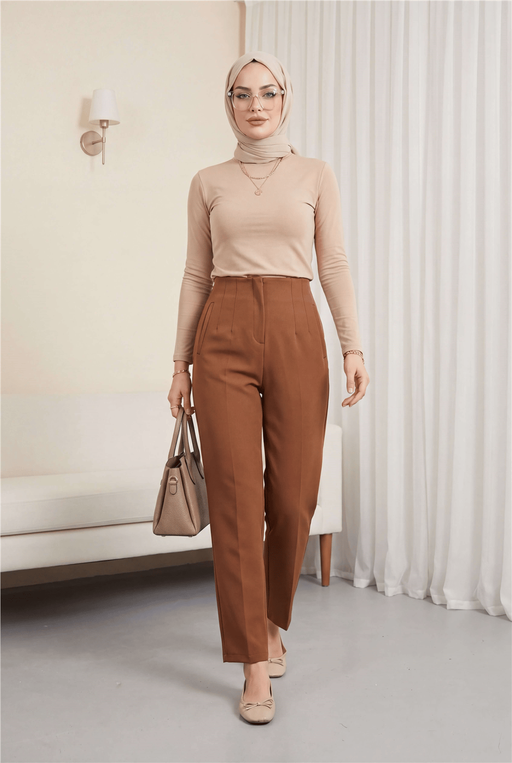 Pileli Fermuarlı Dar Paça Pantolon -Kahve-Dar Paça Pantolon-349-2015-R15