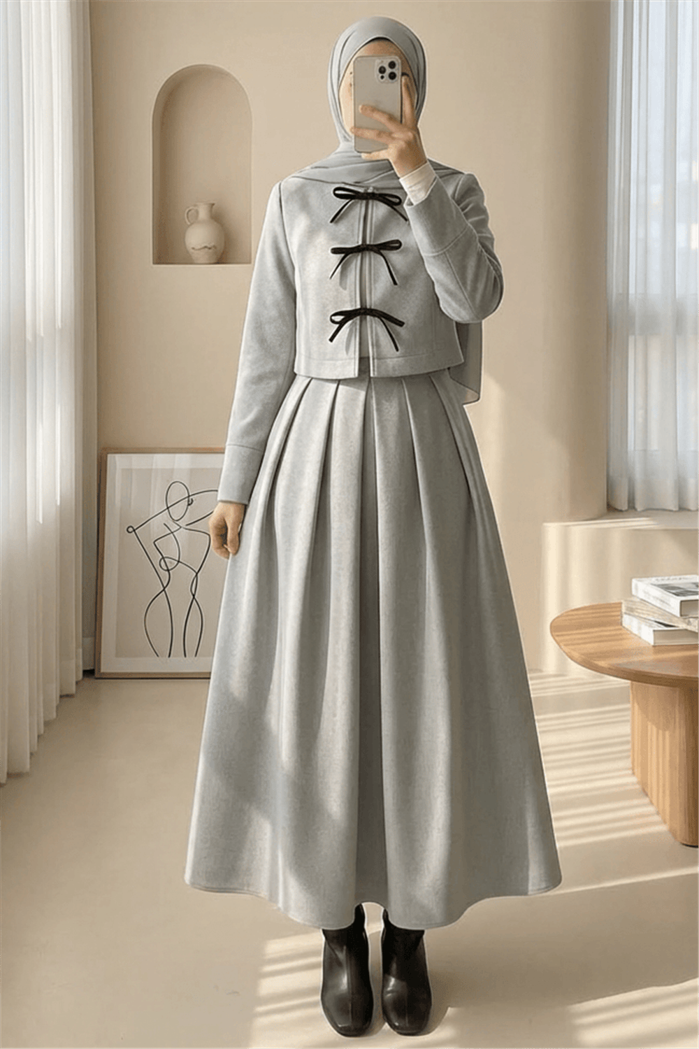 Pileli Fermuarlı Kaşe Etek    -Açık Gri-Etek-346-3045-R41