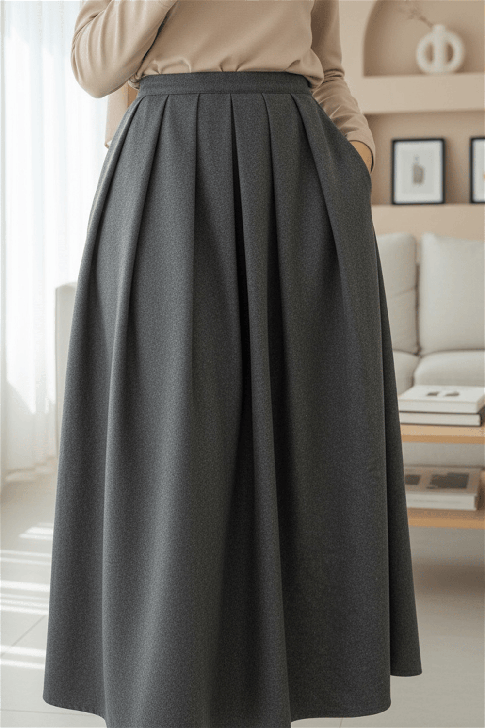 Pileli Fermuarlı Kaşe Etek   -Füme-Etek-346-3045-R18