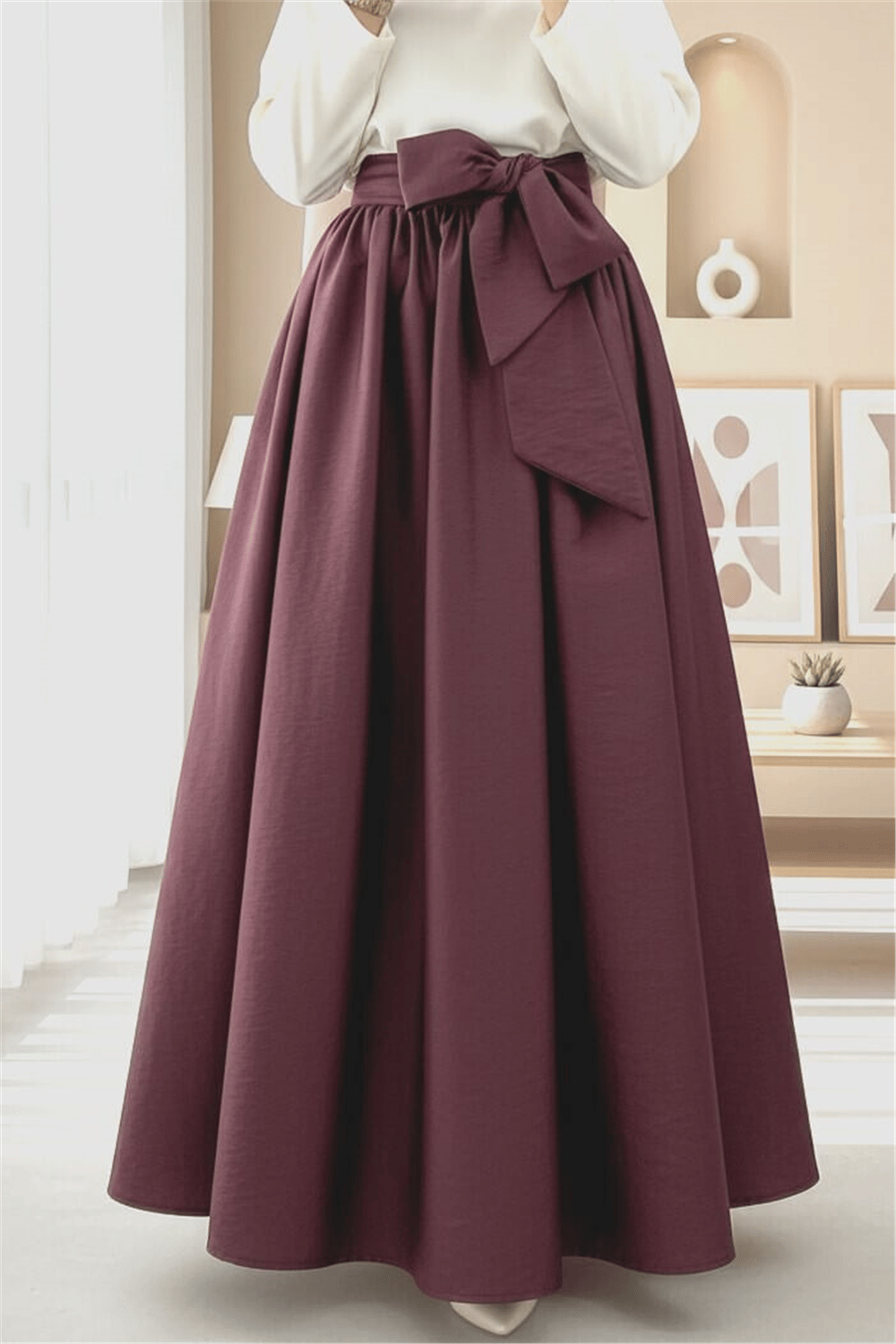 Piliseli Kemerli Paraşüt Etek   -Bordo-Etek-346-3059-R04