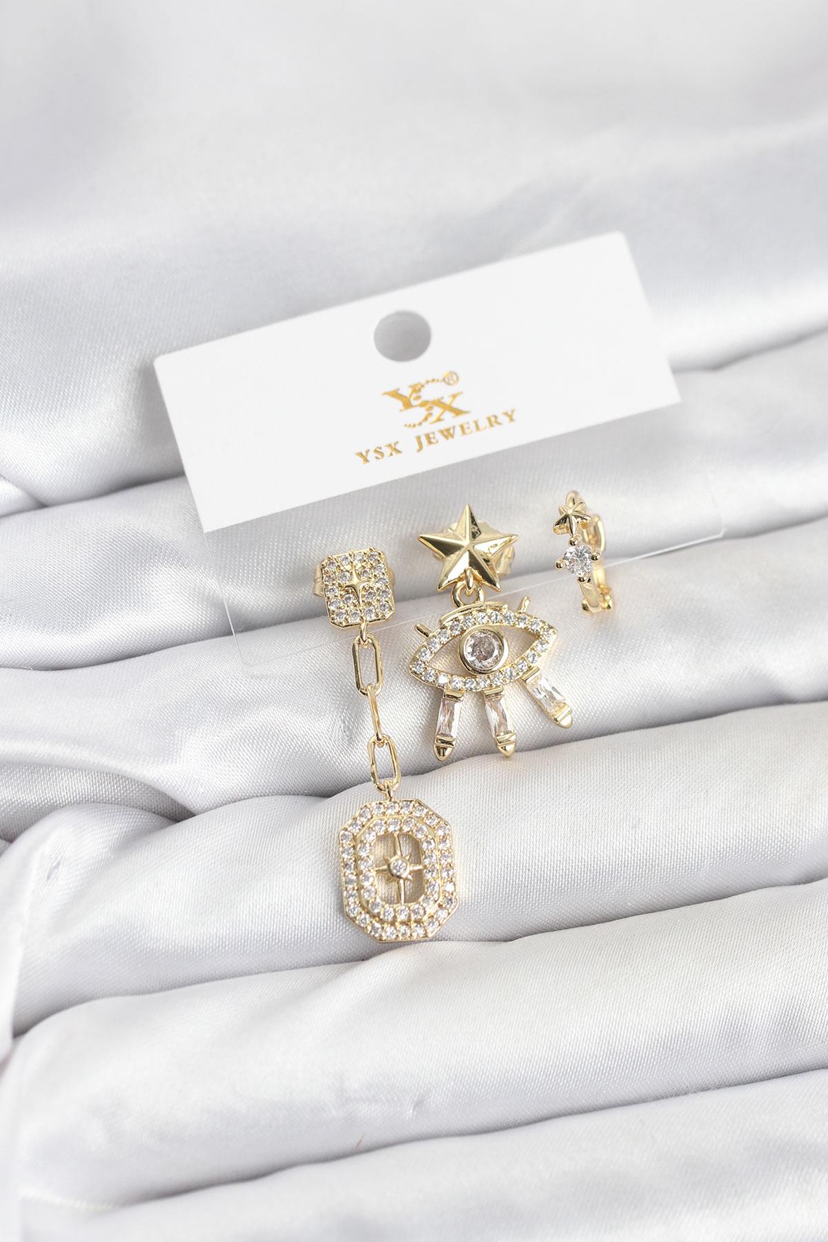 Pirinç Gold Renk Göz ve Kutup Yıldızı Model YSX Trio Küpe Seti