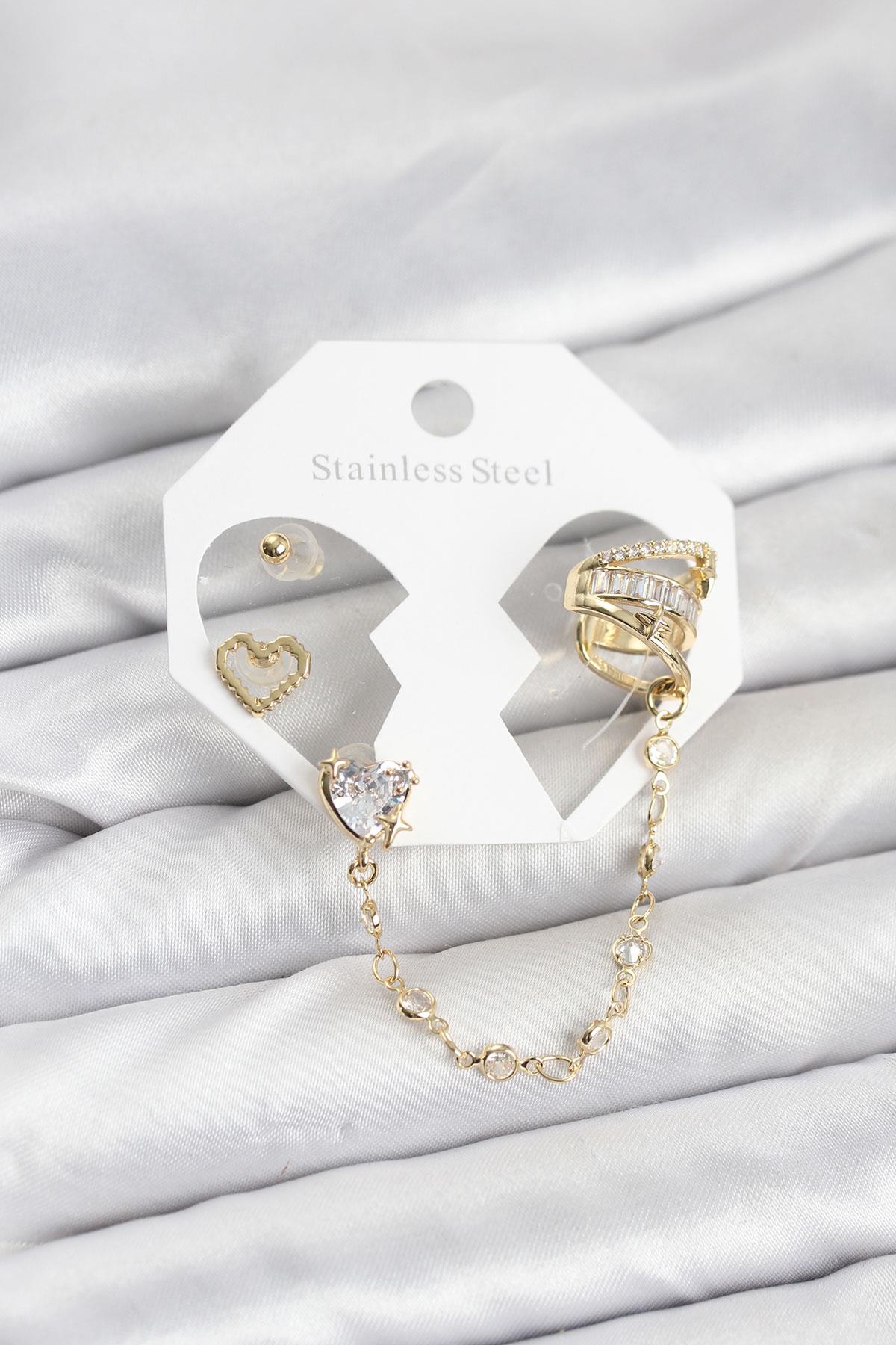 Pirinç Gold Renk Kalp Model Zincir Bağlantılı Ear Cuff Küpe Seti
