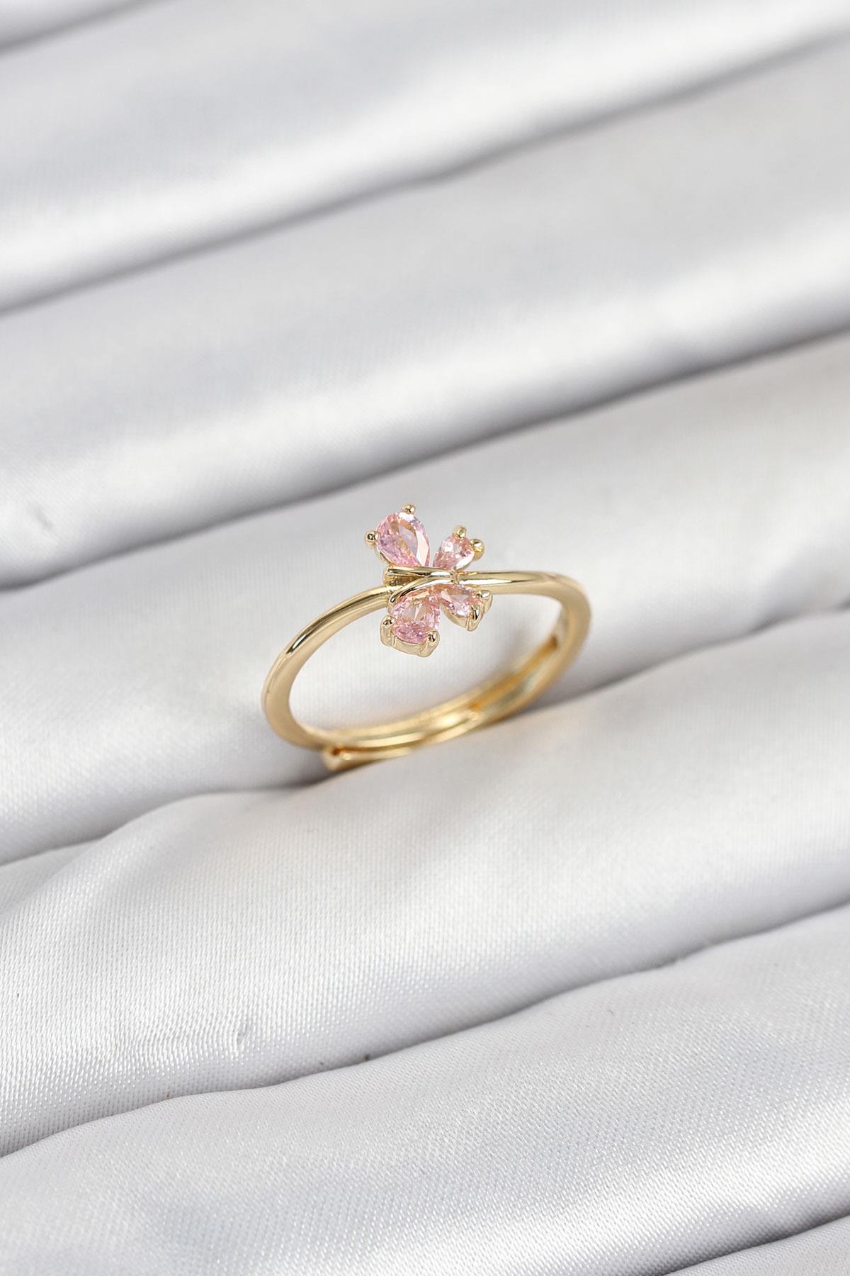 Pirinç Gold Renk Pembe Kelebek Kadın Yüzük