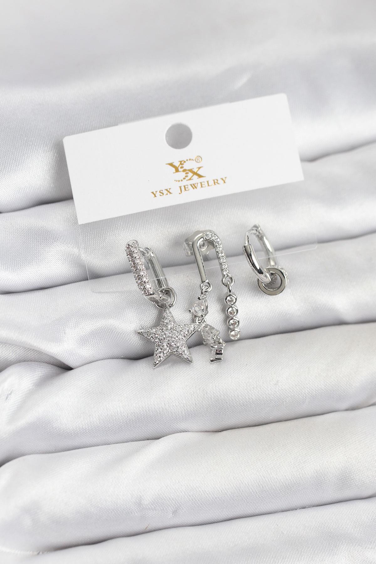 Pirinç Gümüş Renk Zirkon Taşlı Yıldız Vintage Model YSX Trio Küpe Seti