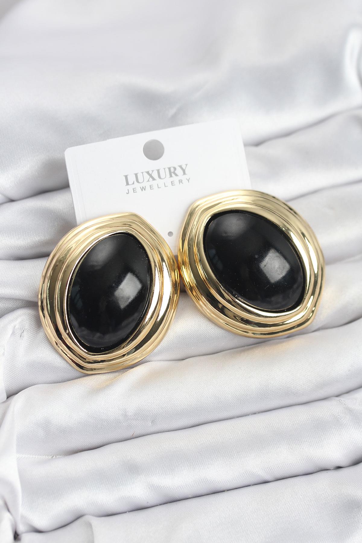 Pirinç Siyah Badem Model Vintage Gold Kadın Küpe