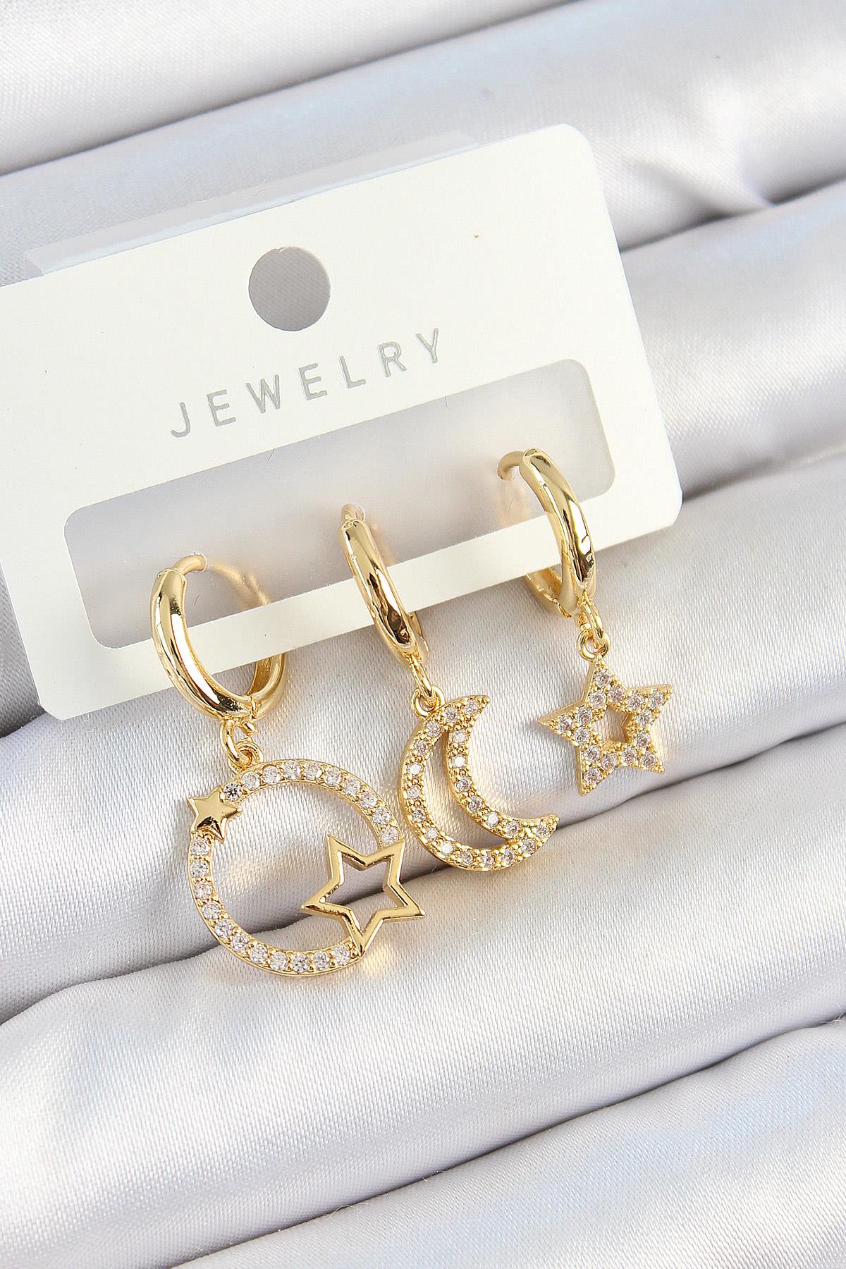 Pirinç Zirkon Taşlı Yıldız Ve Ay Model Gold Renk 3'lü Çift Kadın Küpe Set