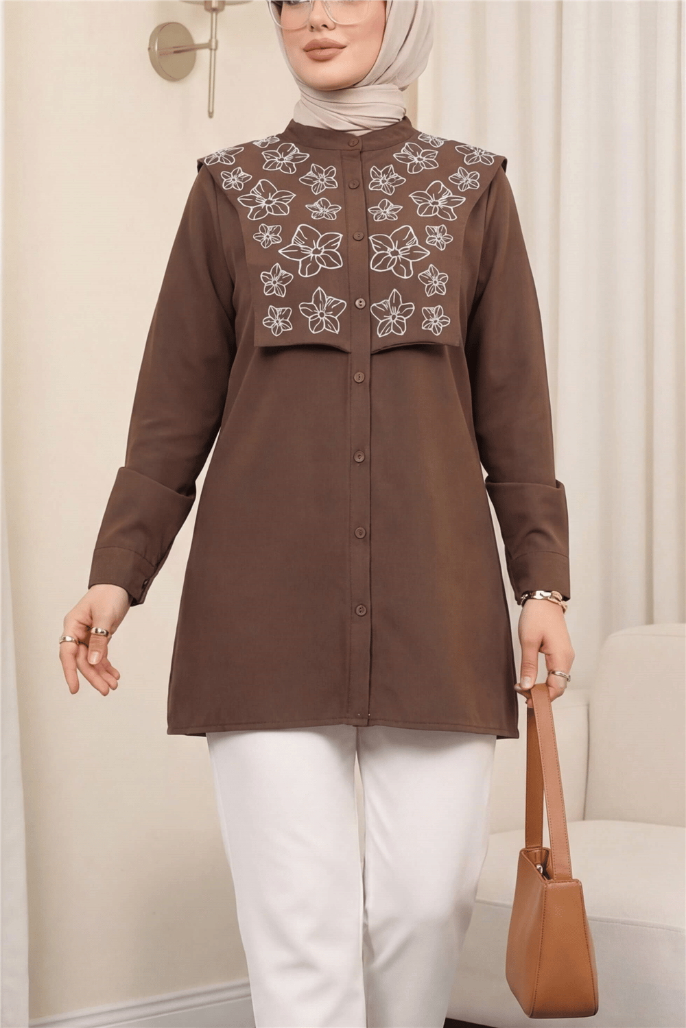 Plastron Detaylı Nakışlı Poplin Gömlek -Kahve-Gömlek-349-8050-R15