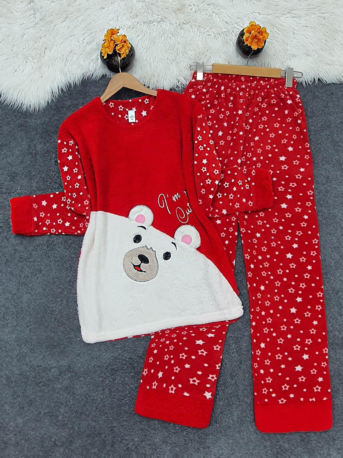 Polarlı Peluşlu Yıldızlı Pijama Takım -Kırmızı