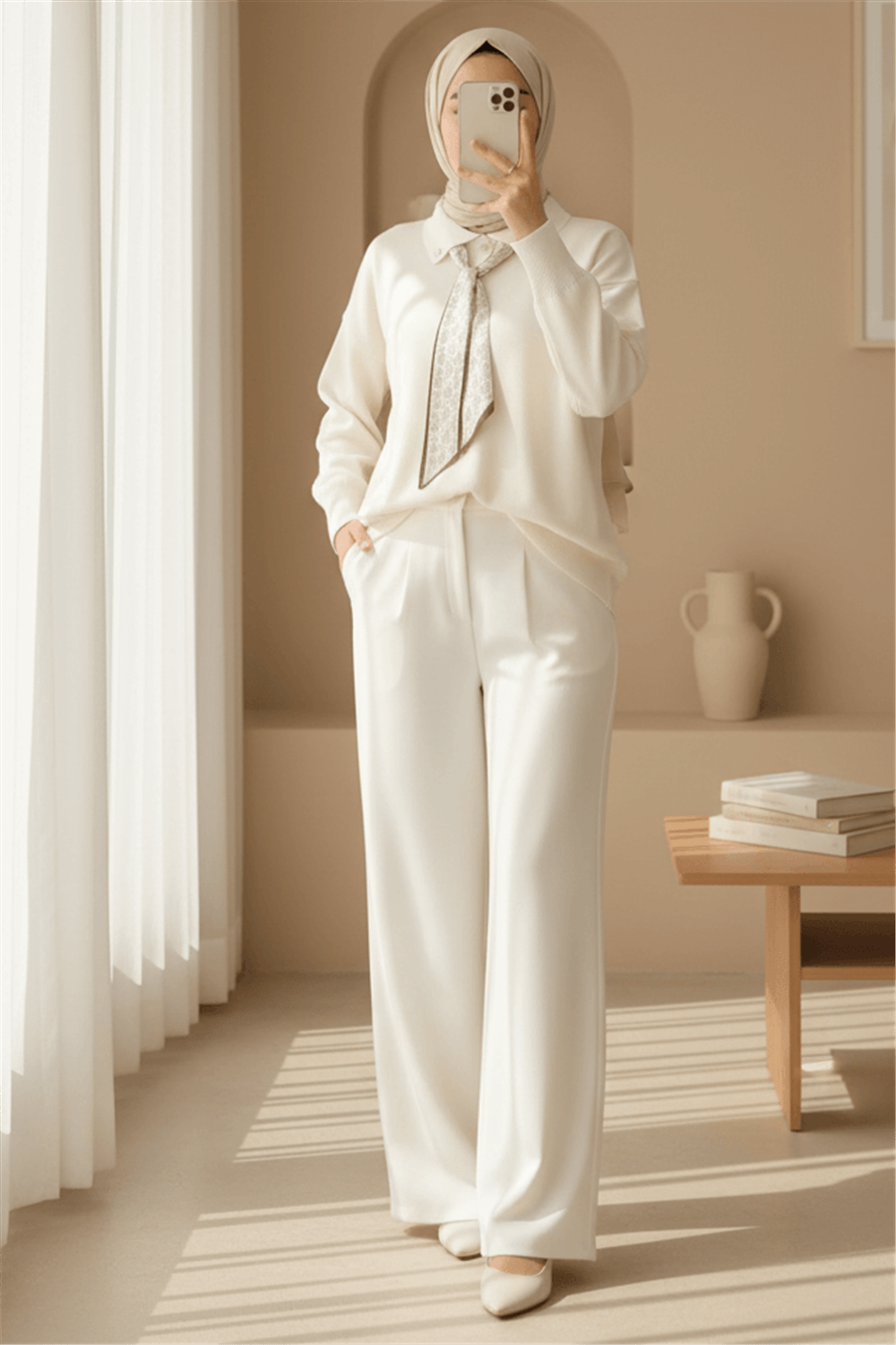 Polo Yaka Fularlı Yırtmaçlı Salaş Triko Tunik  -Krem-Kazak-295-1299-R28