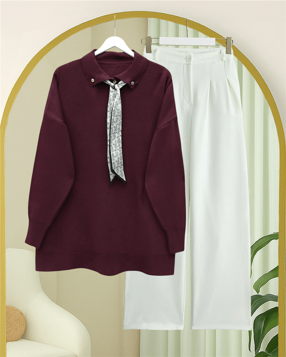 Polo Yaka Fularlı Yırtmaçlı Salaş Triko Tunik  -Bordo-Kazak-295-1299-R04