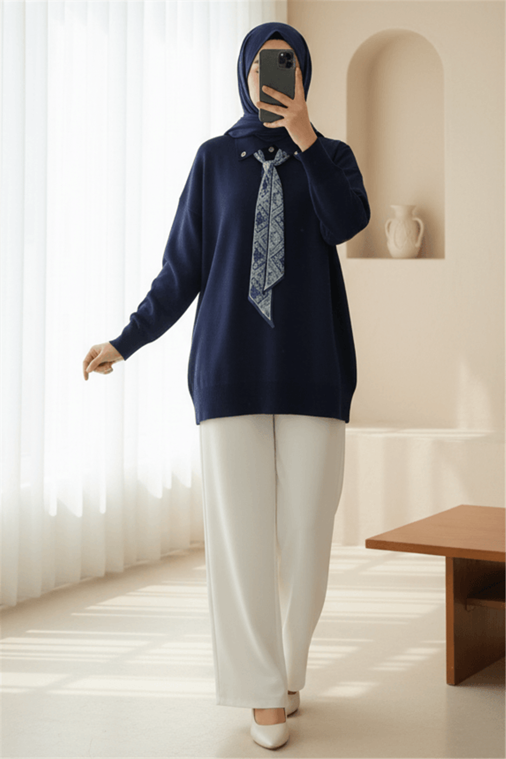 Polo Yaka Fularlı Yırtmaçlı Salaş Triko Tunik  -Laci-Kazak-295-1299-R03