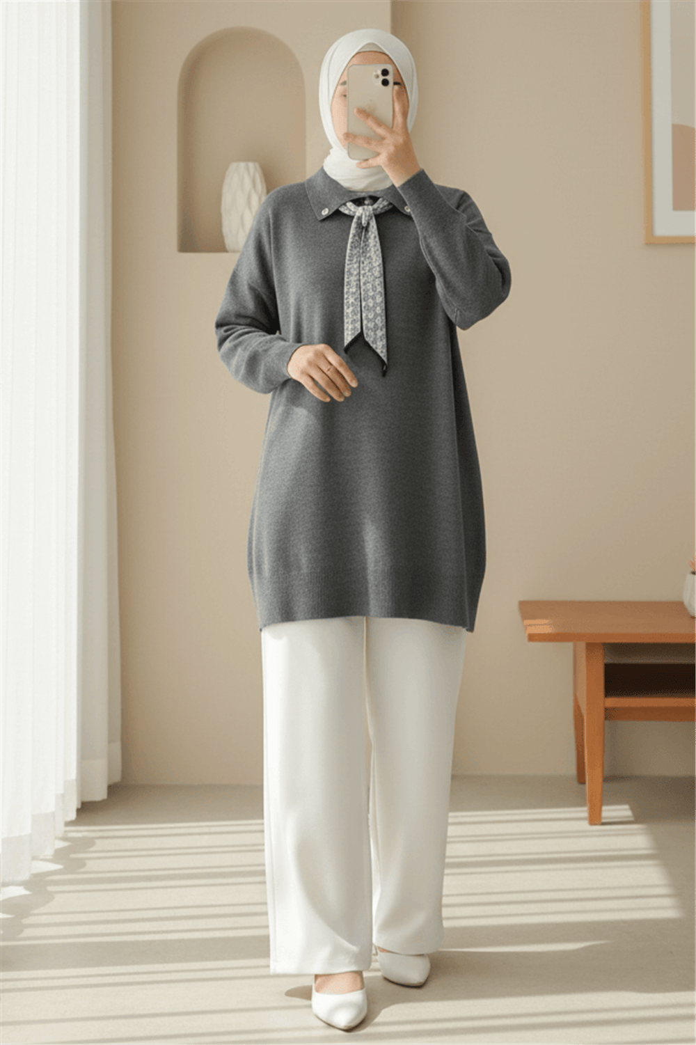Polo Yaka Fularlı Yırtmaçlı Salaş Triko Tunik  -Füme-Kazak-295-1299-R18