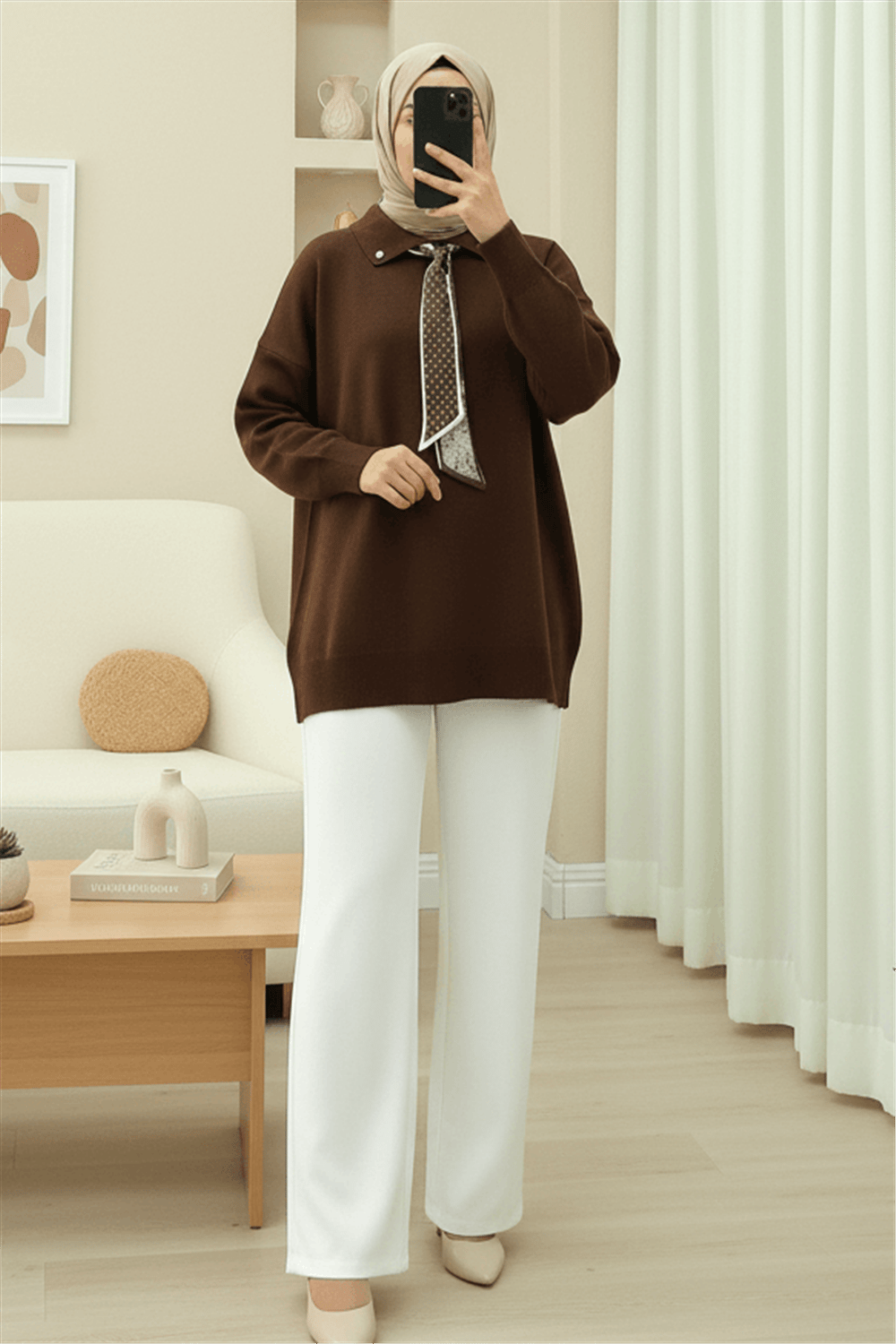 Polo Yaka Fularlı Yırtmaçlı Salaş Triko Tunik  -Kahve-Kazak-295-1299-R15