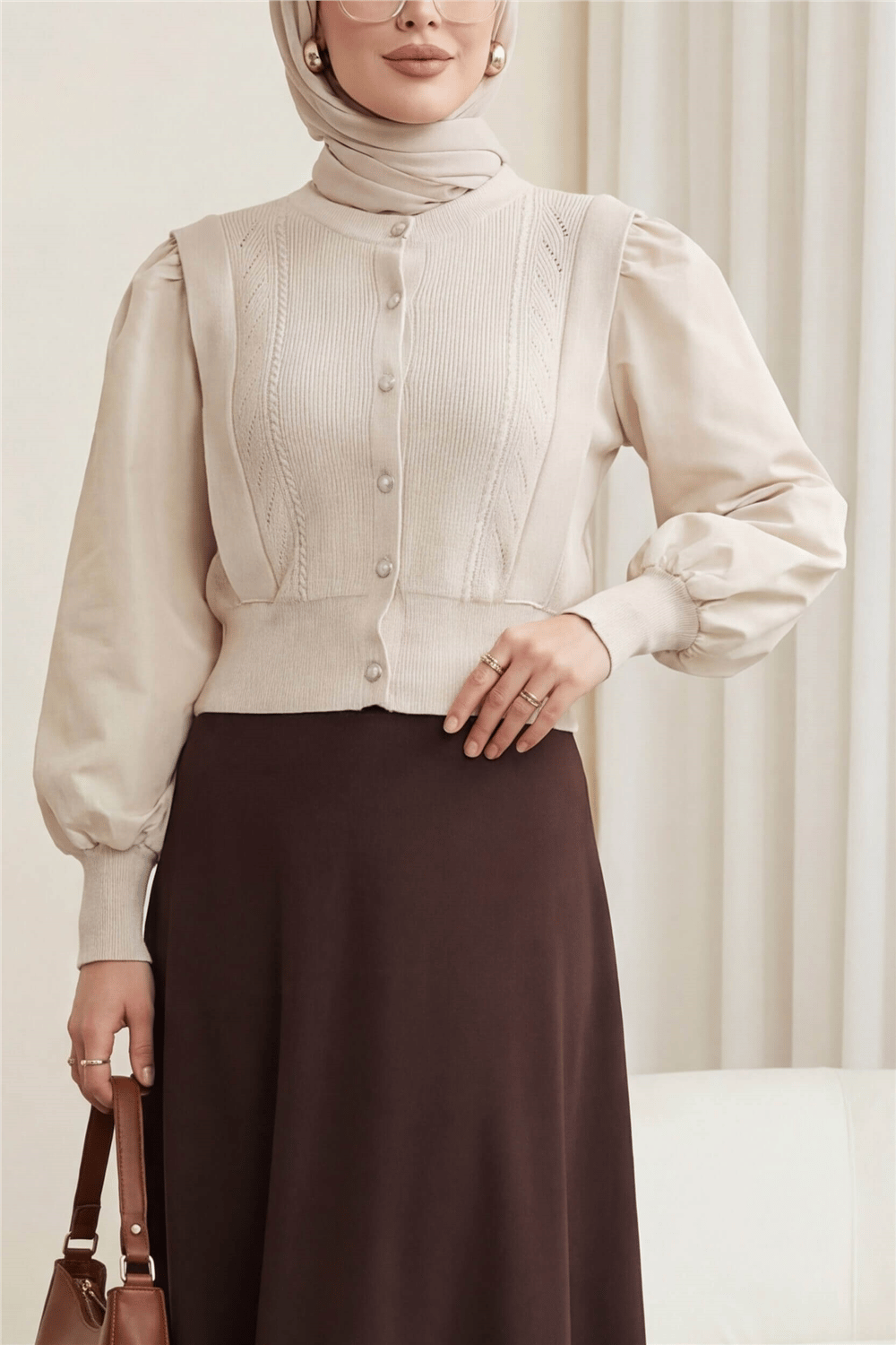 Poplin Kol Detaylı Düğmeli Triko Hırka -Taş-Hırka-364-1085-R43