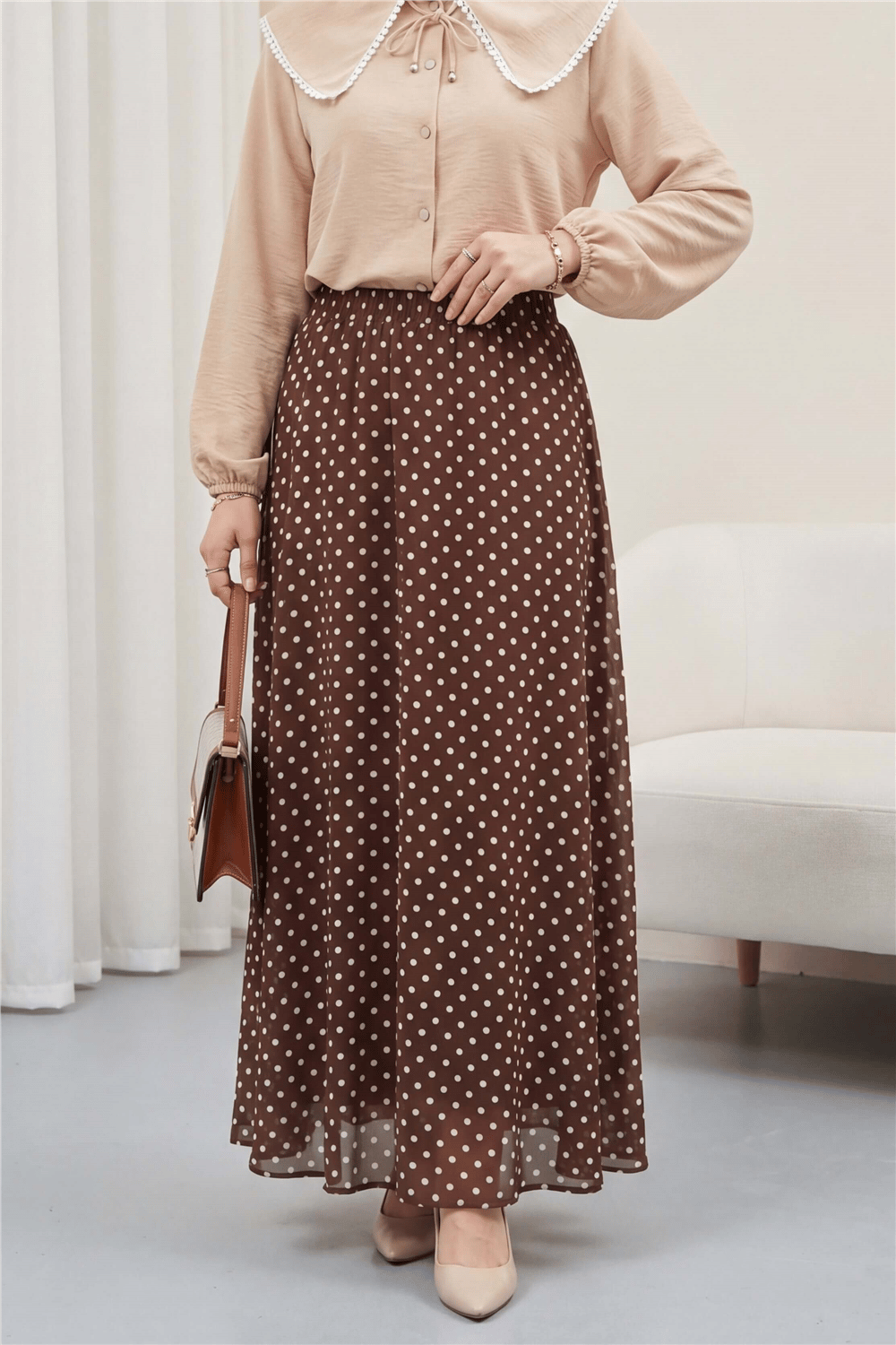 Puantiyeli Beli Lastikli Astarlı Şifon Etek -Kahve-Etek-349-8083-R15