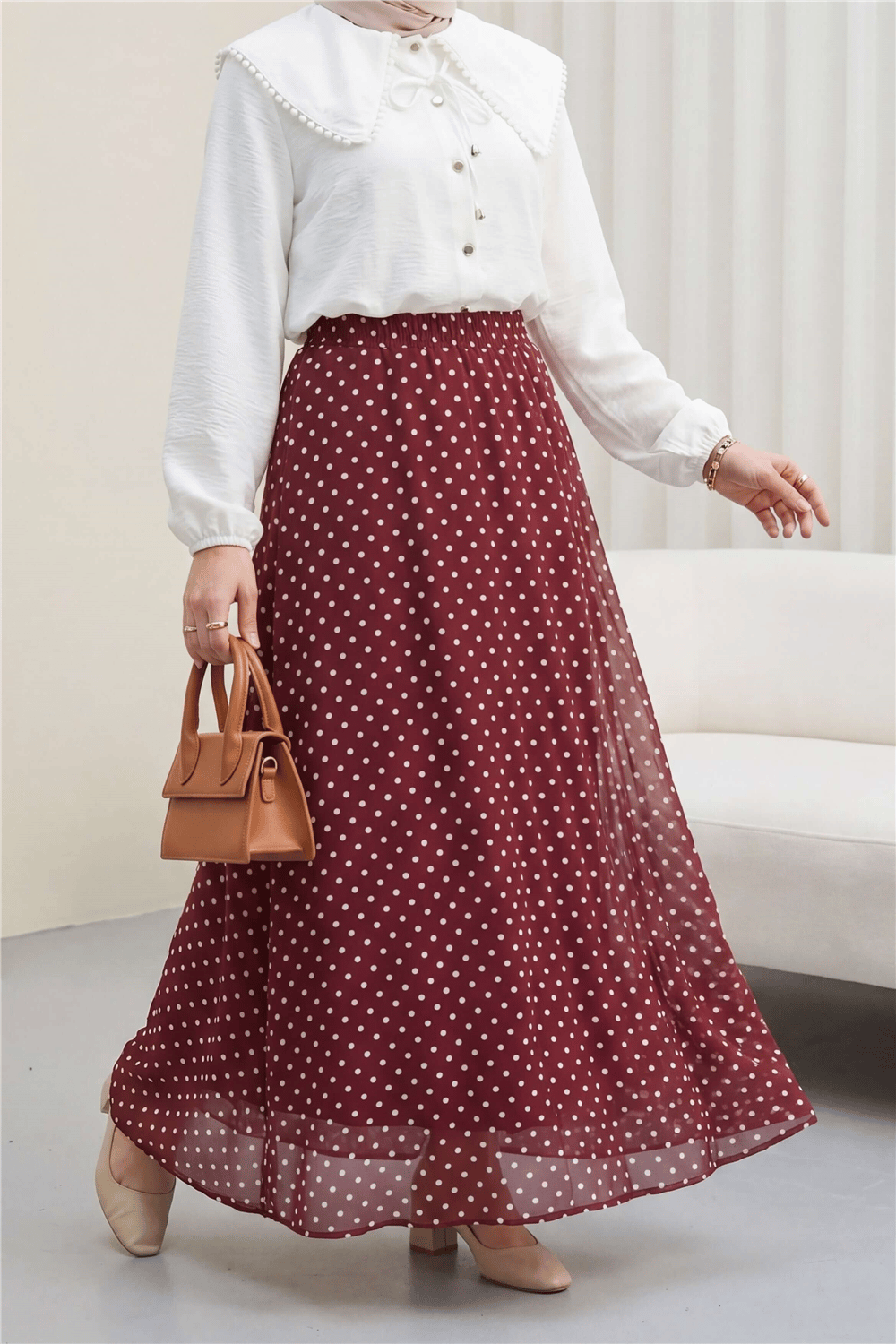 Puantiyeli Beli Lastikli Astarlı Şifon Etek -Bordo-Etek-349-8083-R04