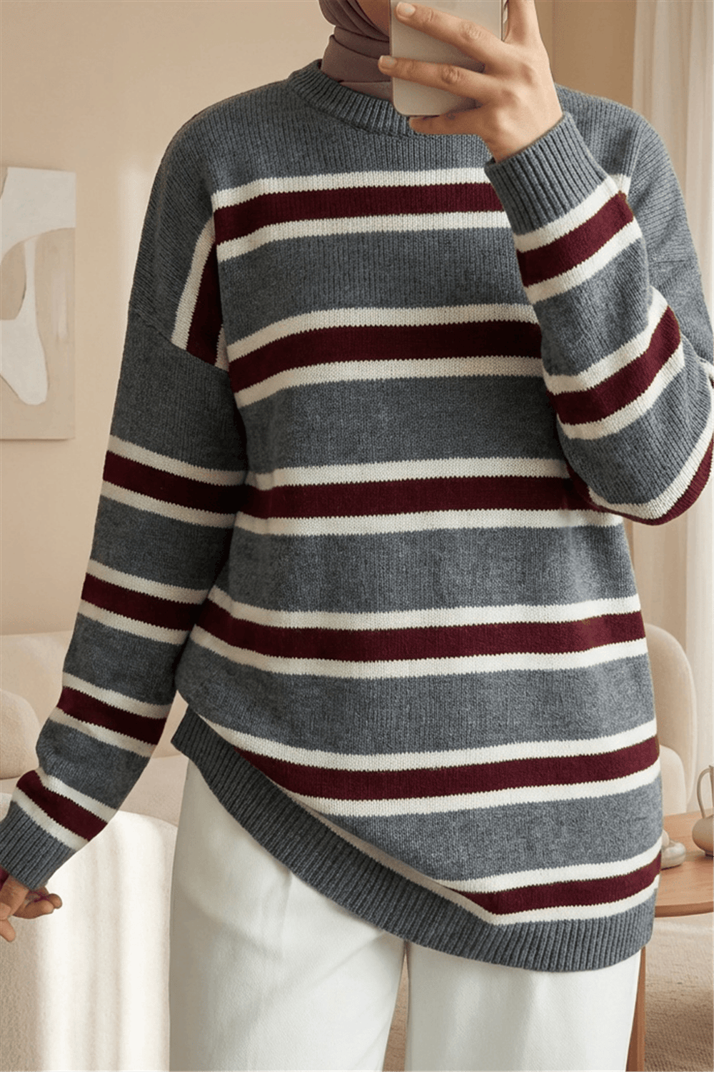 Renkli Çizgili Salaş Triko Tunik  -Füme-Tunik-109-0939-R18