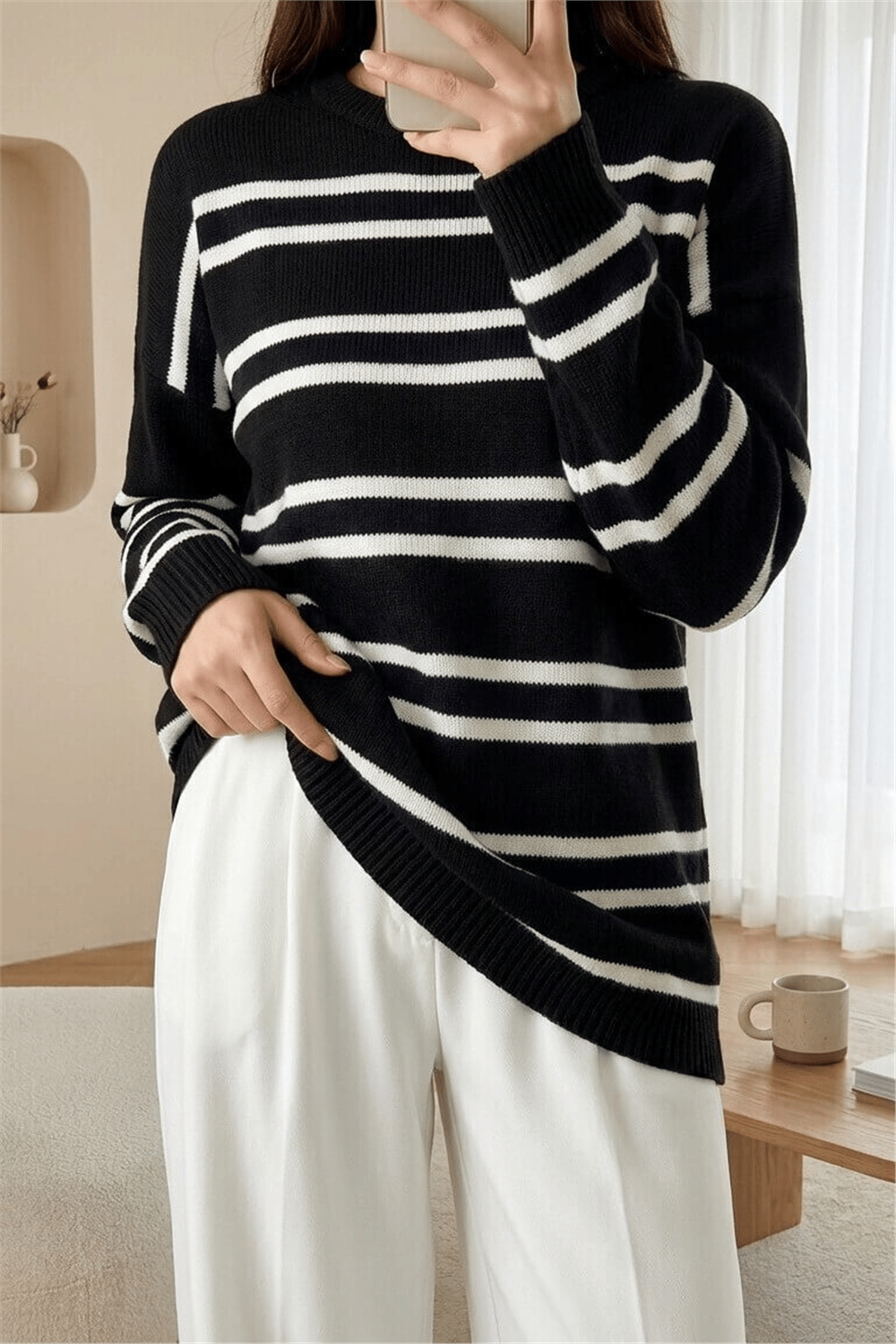 Renkli Çizgili Salaş Triko Tunik  -K. Kahve-Tunik-109-0939-R54