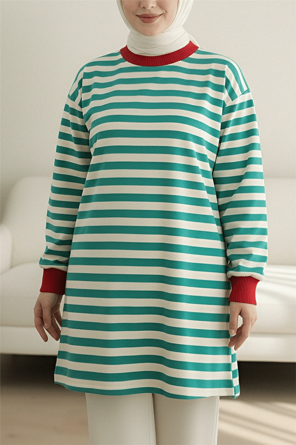 Renkli Çizgili Yuvarlak Yaka Sweat  -Zümrüt-Sweatshirt-349-6015-R17