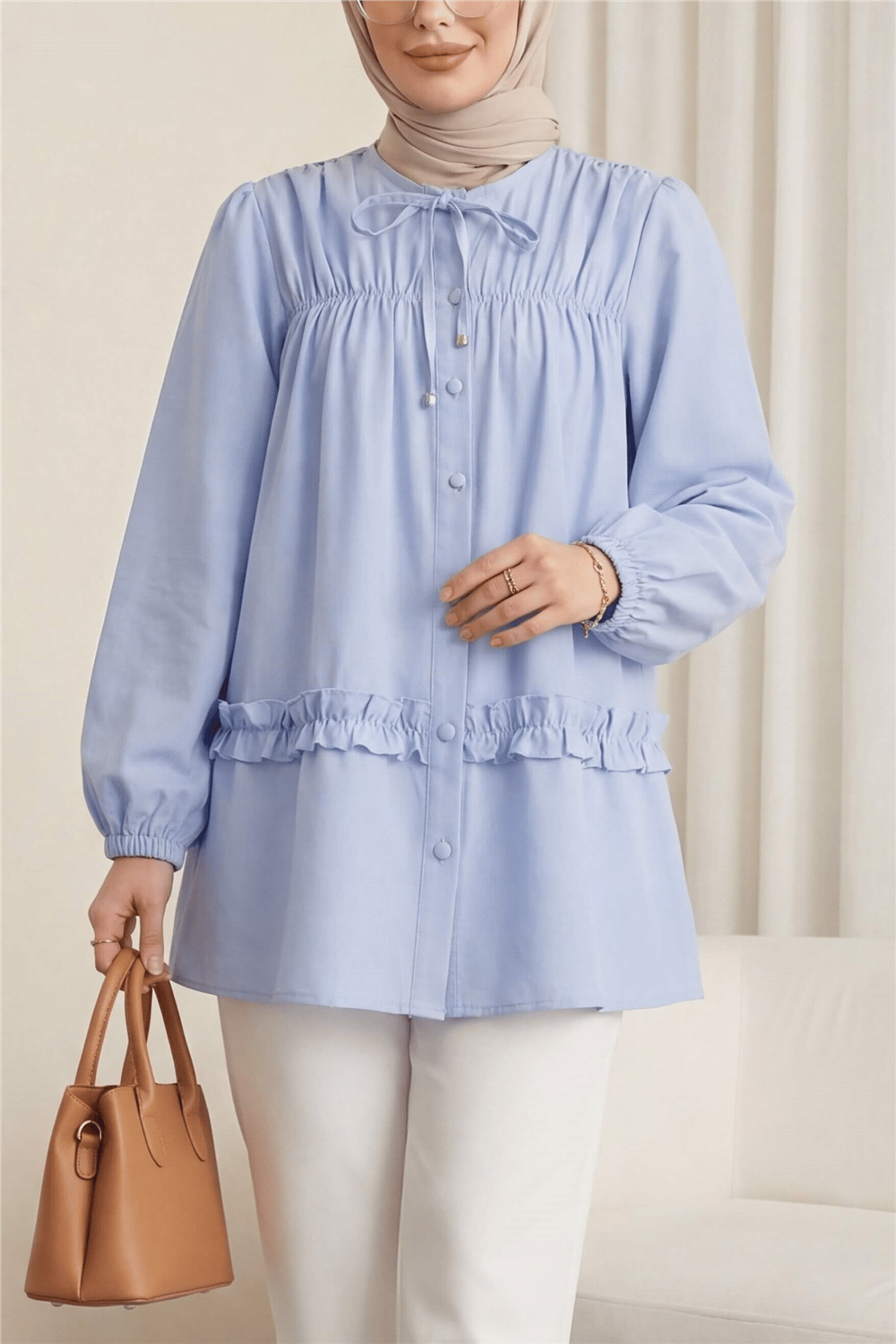 Robadan Lastikli Eteği Fırfırlı Düğmeli Poplin Tunik -Mavi-Tunik-398-11020-R31