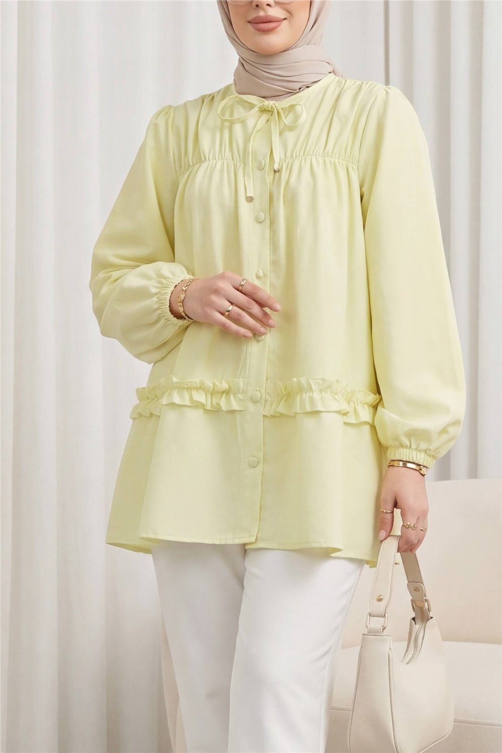 Robadan Lastikli Eteği Fırfırlı Düğmeli Poplin Tunik -Sarı-Tunik-398-11020-R22