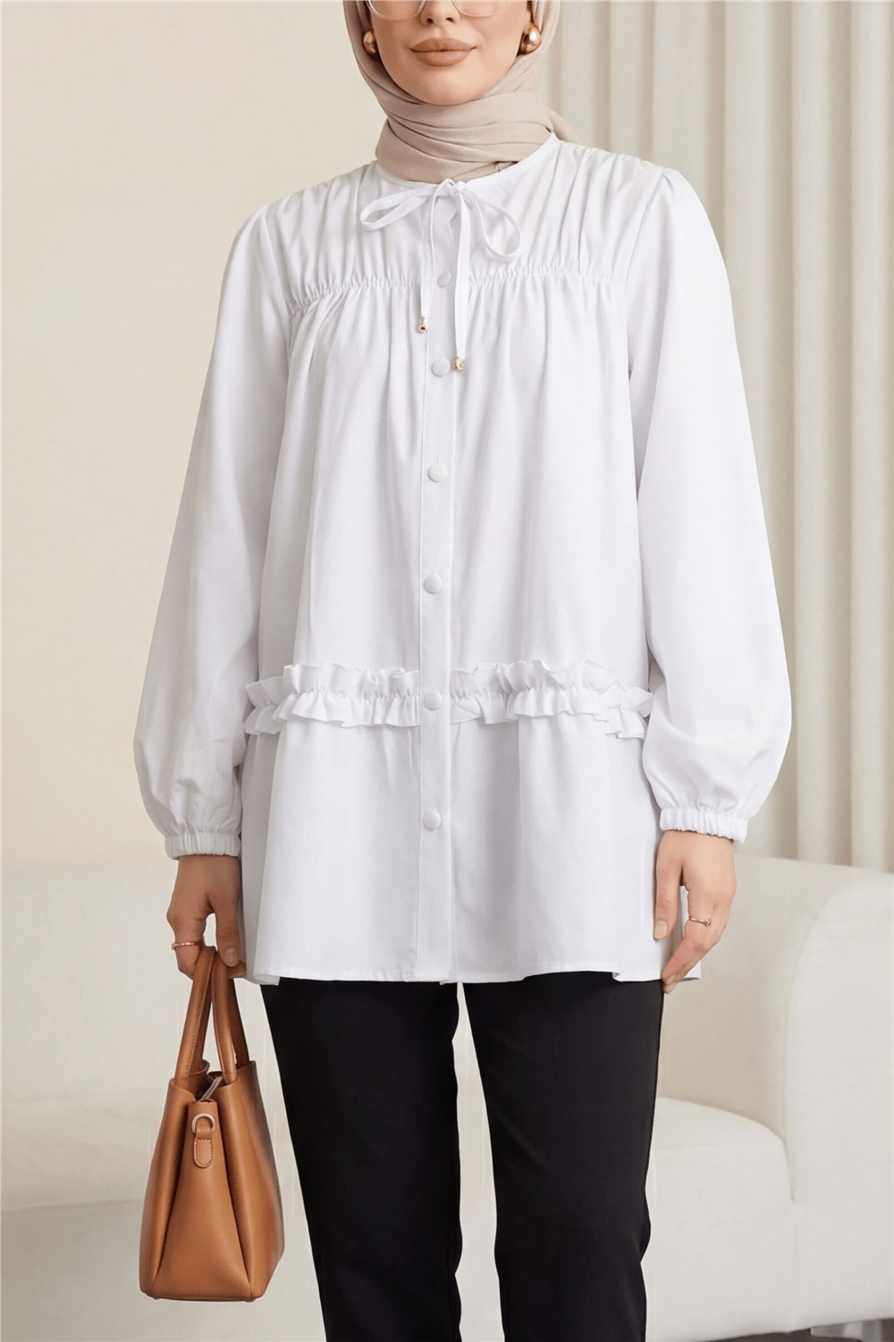 Robadan Lastikli Eteği Fırfırlı Düğmeli Poplin Tunik -Beyaz-Tunik-398-11020-R02