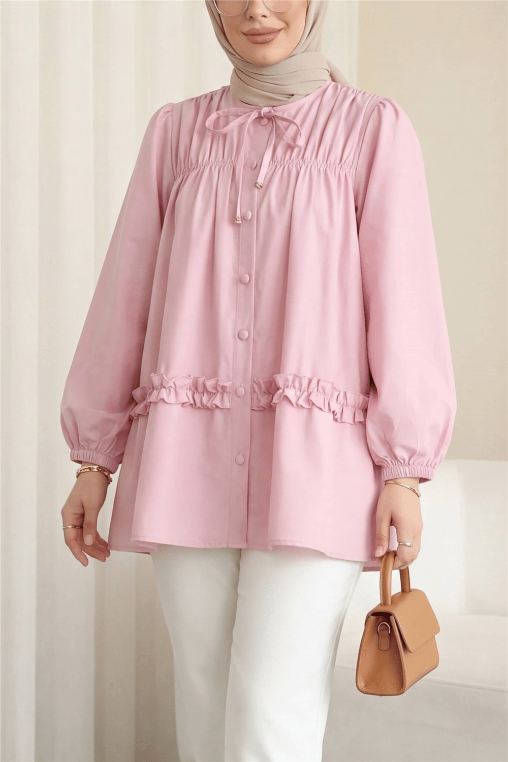 Robadan Lastikli Eteği Fırfırlı Düğmeli Poplin Tunik -Pembe-Tunik-398-11020-R20