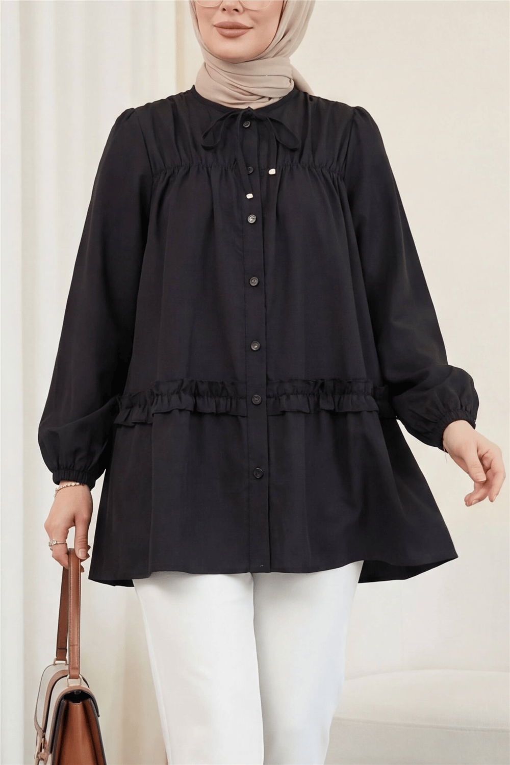 Robadan Lastikli Eteği Fırfırlı Düğmeli Poplin Tunik -Siyah-Tunik-398-11020-R01