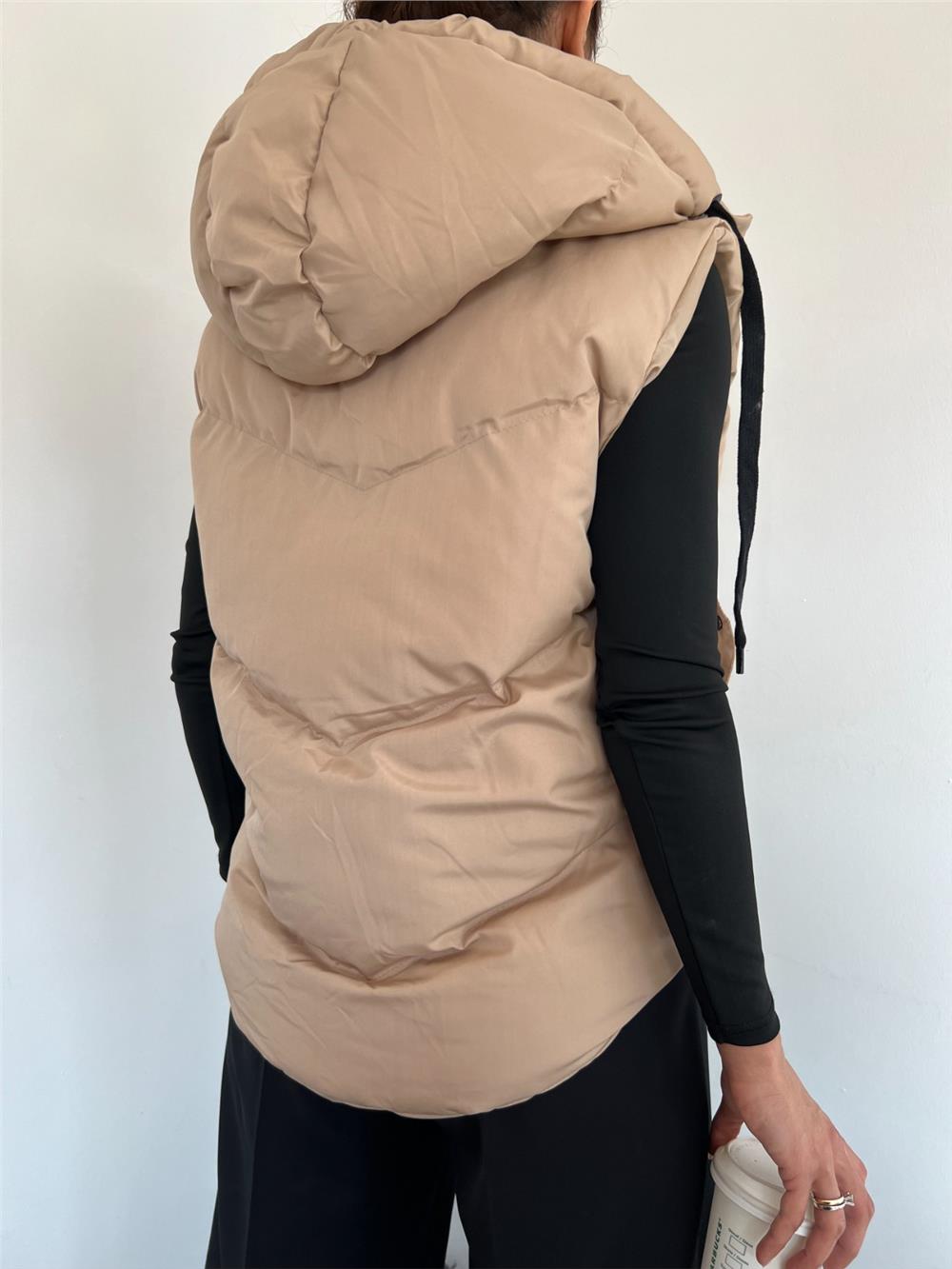 Sabit Kapşonlu Çıtçıtlı Fermuarlı Şişme Yelek -Taş-348-11062-R43