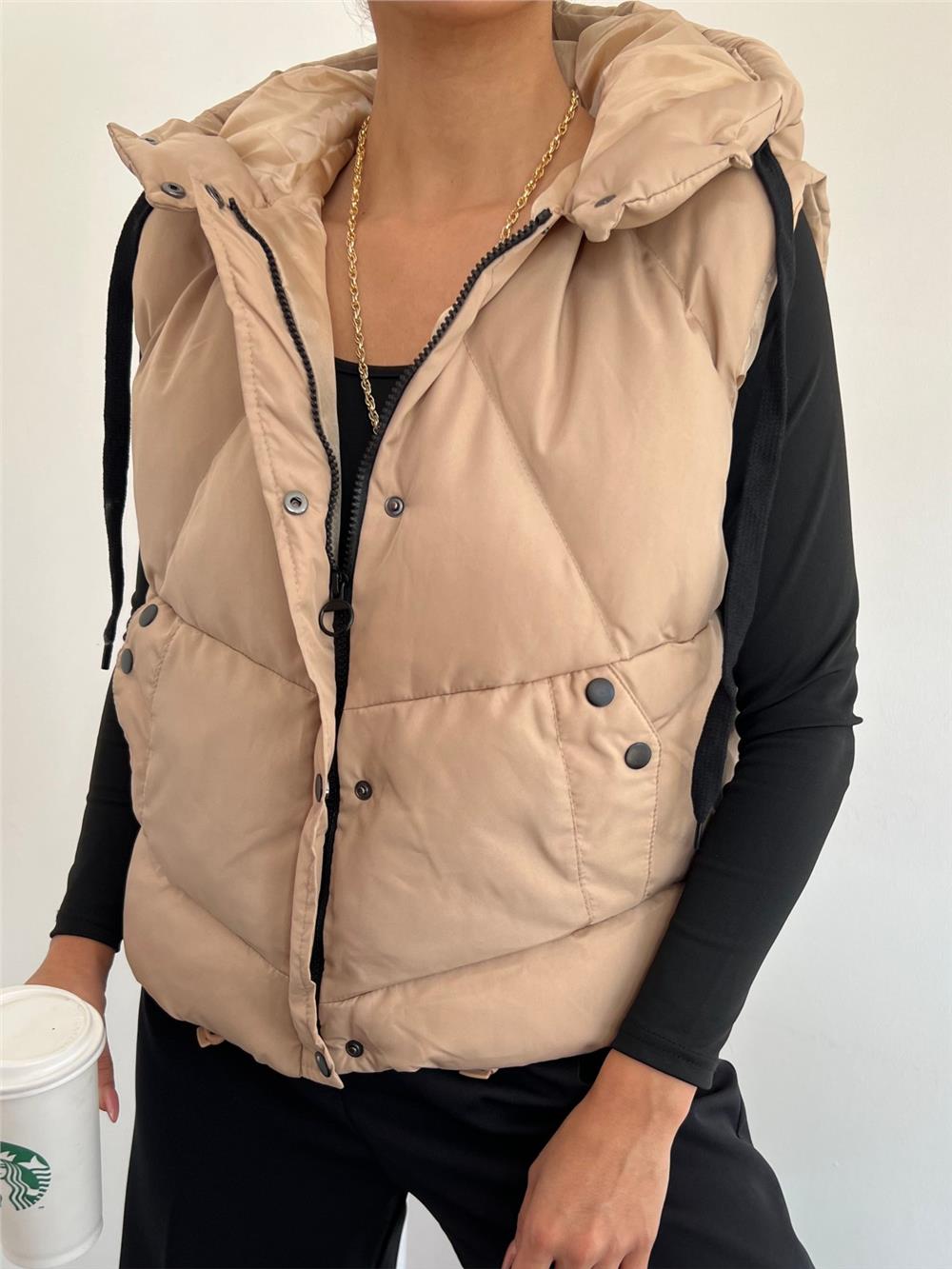 Sabit Kapşonlu Çıtçıtlı Fermuarlı Şişme Yelek -Taş-348-11062-R43