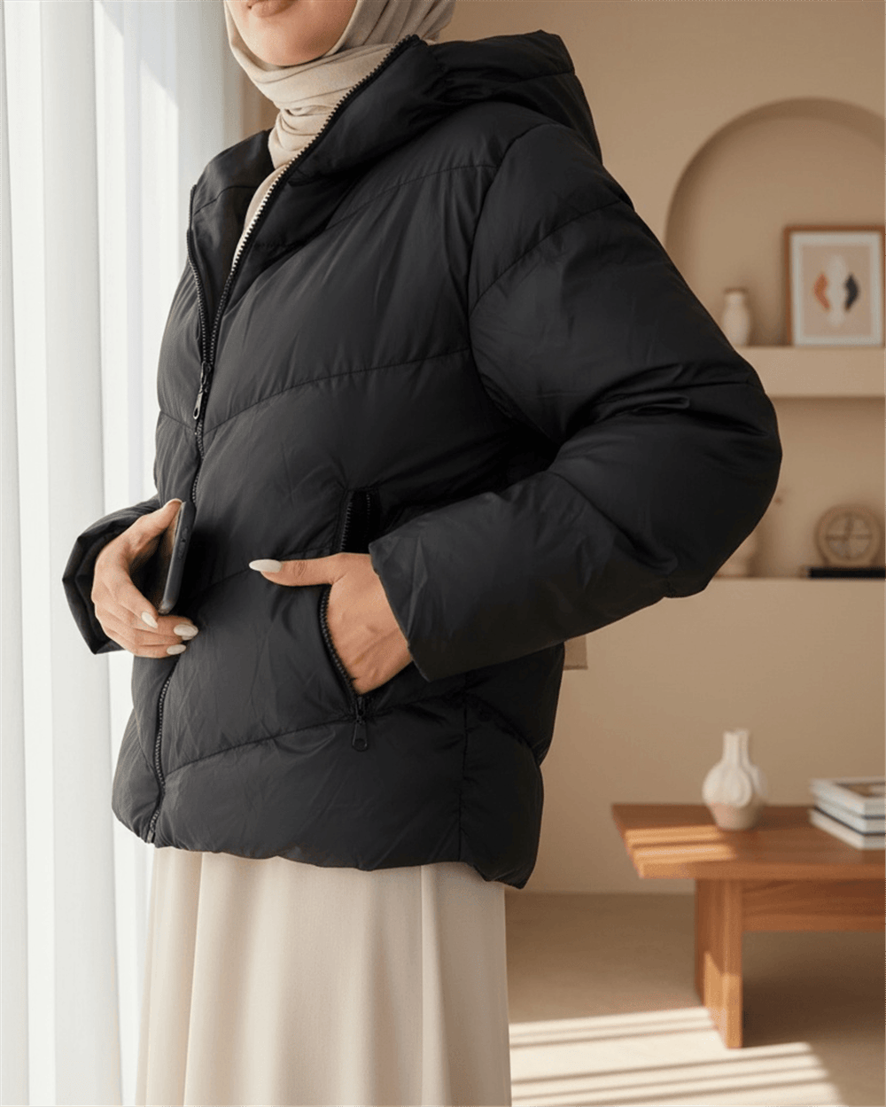 معطف شتوي بغطاء رأس وسحاب ثابت - أسود-Şişme Mont-340-0947-R01