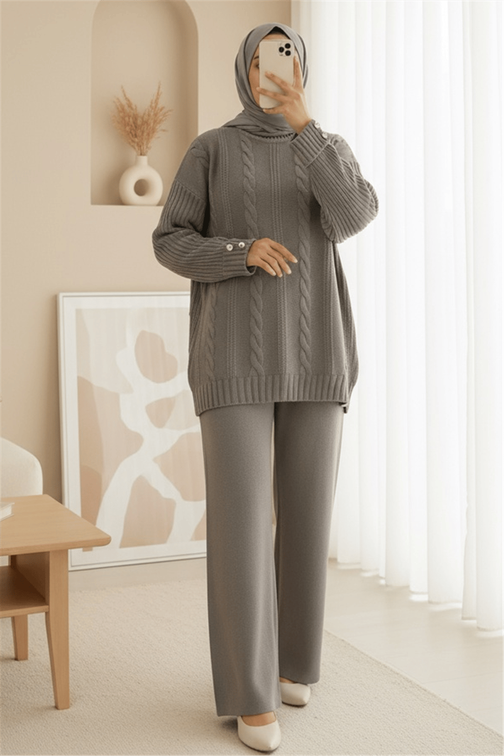 Saç Örgü Desen Kolu Düğme Detaylı Triko Takım -Toprak-Takım-295-4520-R55