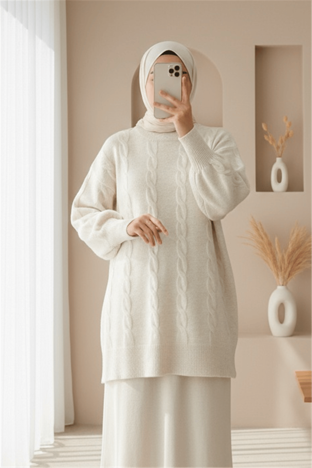 Saç Örgü Desen Yumoş Triko Kazak -Ekru-Kazak-295-4511-R07