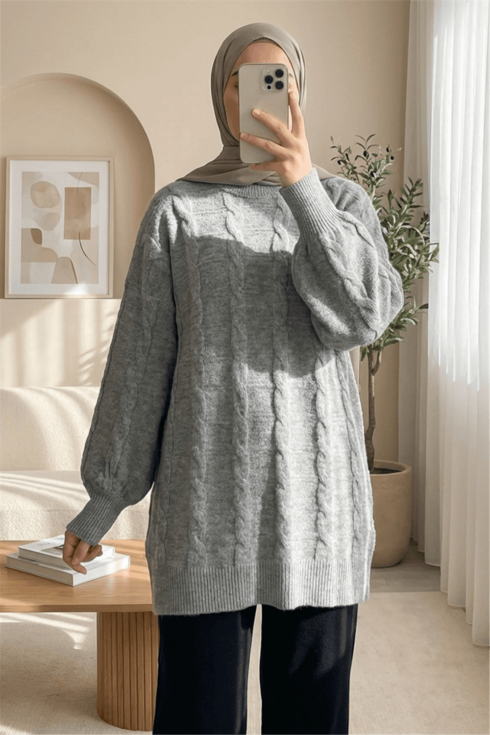 Saç Örgü Desen Yumoş Triko Kazak  -Gri-Kazak-295-4511-R11