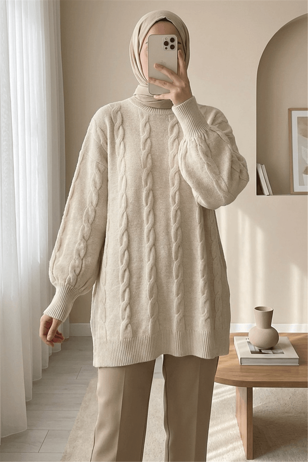Saç Örgü Desen Yumoş Triko Kazak  -Krem-Kazak-295-4511-R28