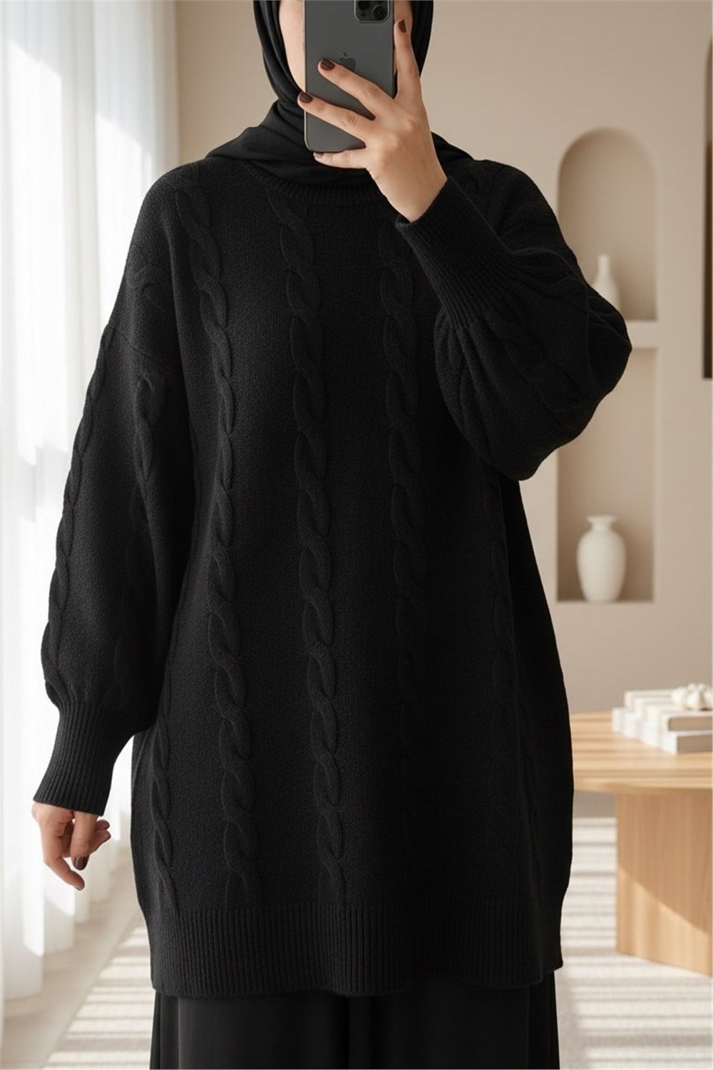 Saç Örgü Desen Yumoş Triko Kazak -Siyah-Kazak-295-4511-R01