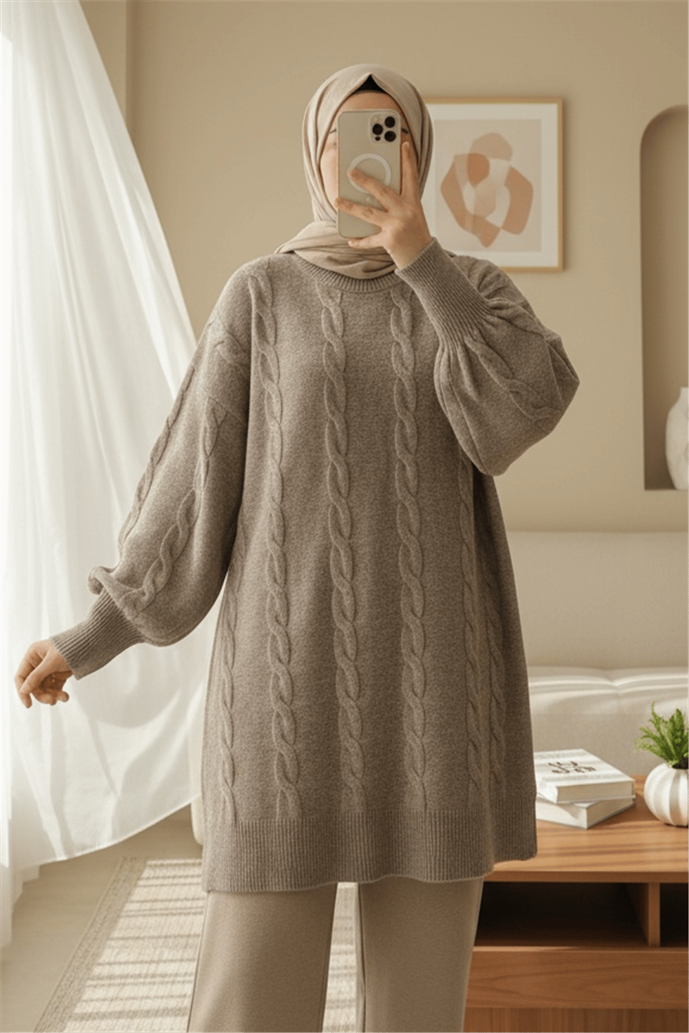 Saç Örgü Desen Yumoş Triko Kazak -Toprak-Kazak-295-4511-R55